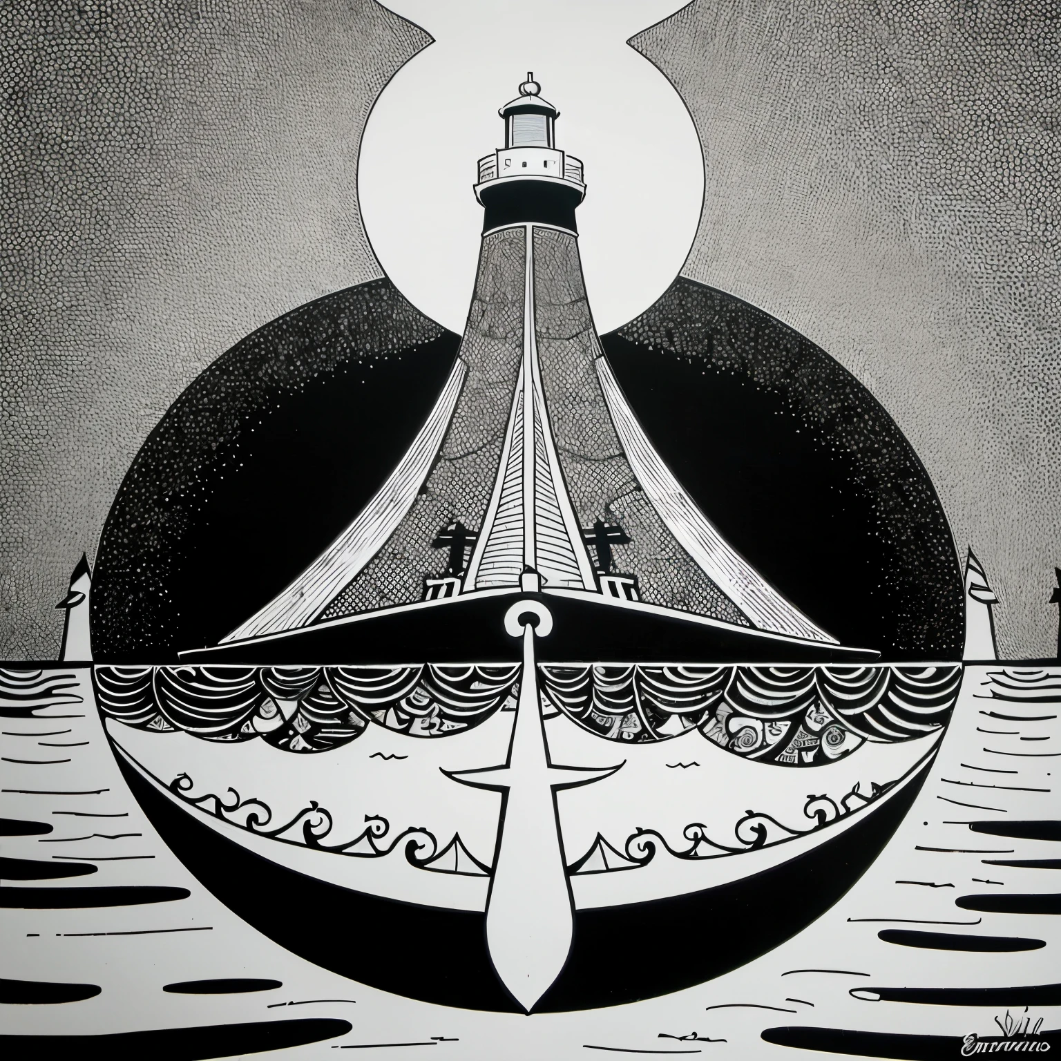 "Generate black and white, cartoon style vector art of a seaside lighthouse, incorporating symbols of Iemanjá, elements of Umbanda and the distinctive symbol of sailors. Enfatizar contornos e adornos, evitando realismo, to create a stylized and impactful representation of the maritime scene, capturing the essence of spirituality and maritime tradition in a visually appealing way."
