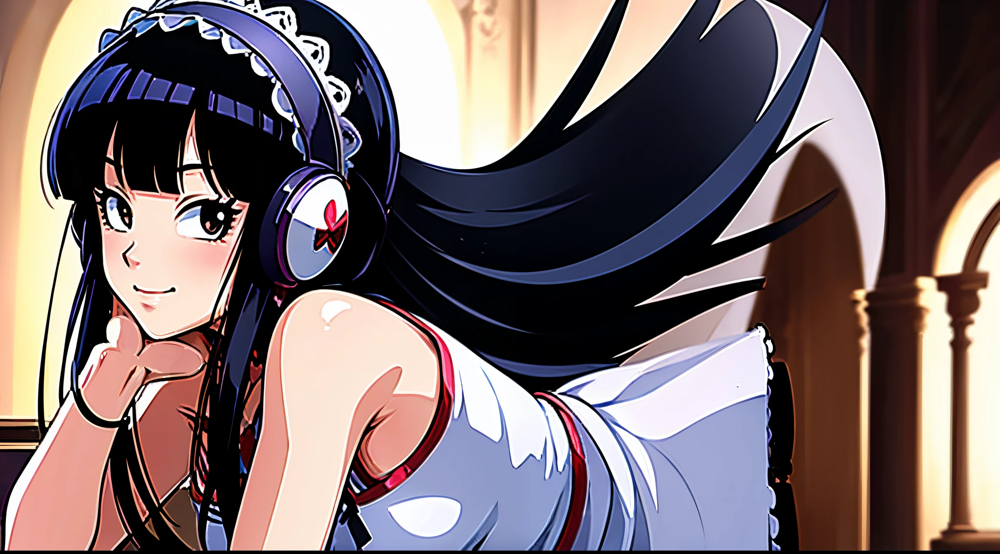 masterpiece, best quality, high quality, 1girl, solo, Wedding dress with a large veil,looking at viewer, upper body, chichi, long hair, black hair, black eyes, ribbon, mouth hold, smile, headphones, plaid,