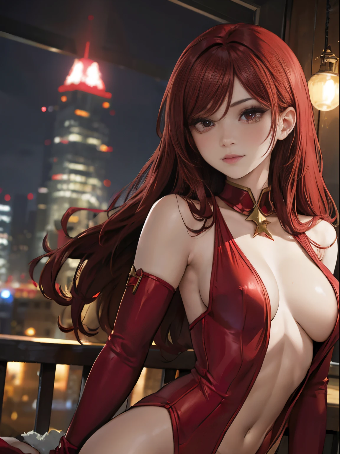 Slender woman、Super small breasts、long curly red hair、super sexy red santa costume、slutty eyes looking at camera、Night view of the city、