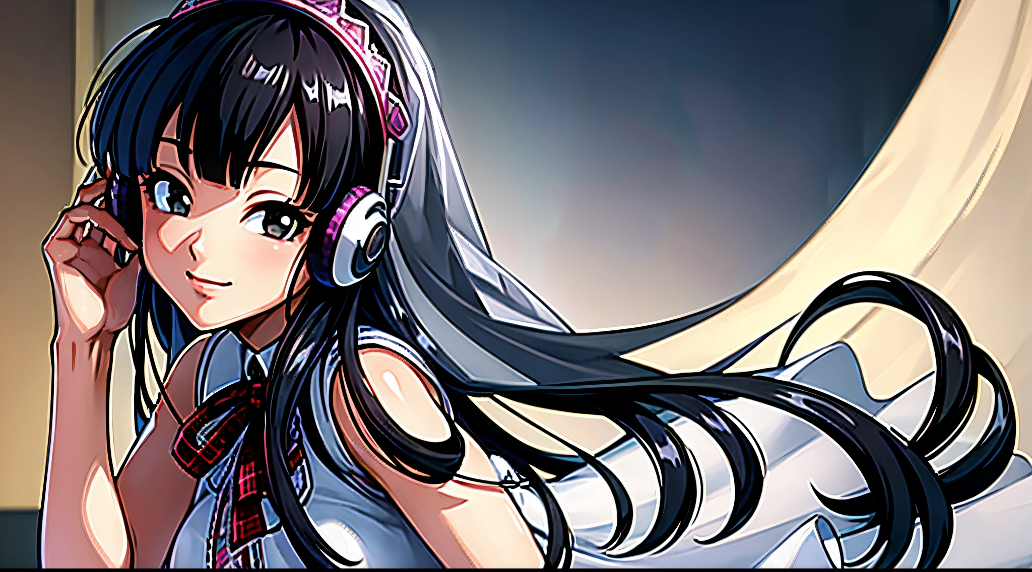 masterpiece, best quality, high quality, 1girl, solo, Wedding dress with a large veil,looking at viewer, upper body, chichi, long hair, black hair, black eyes, ribbon, smile, headphones, plaid,