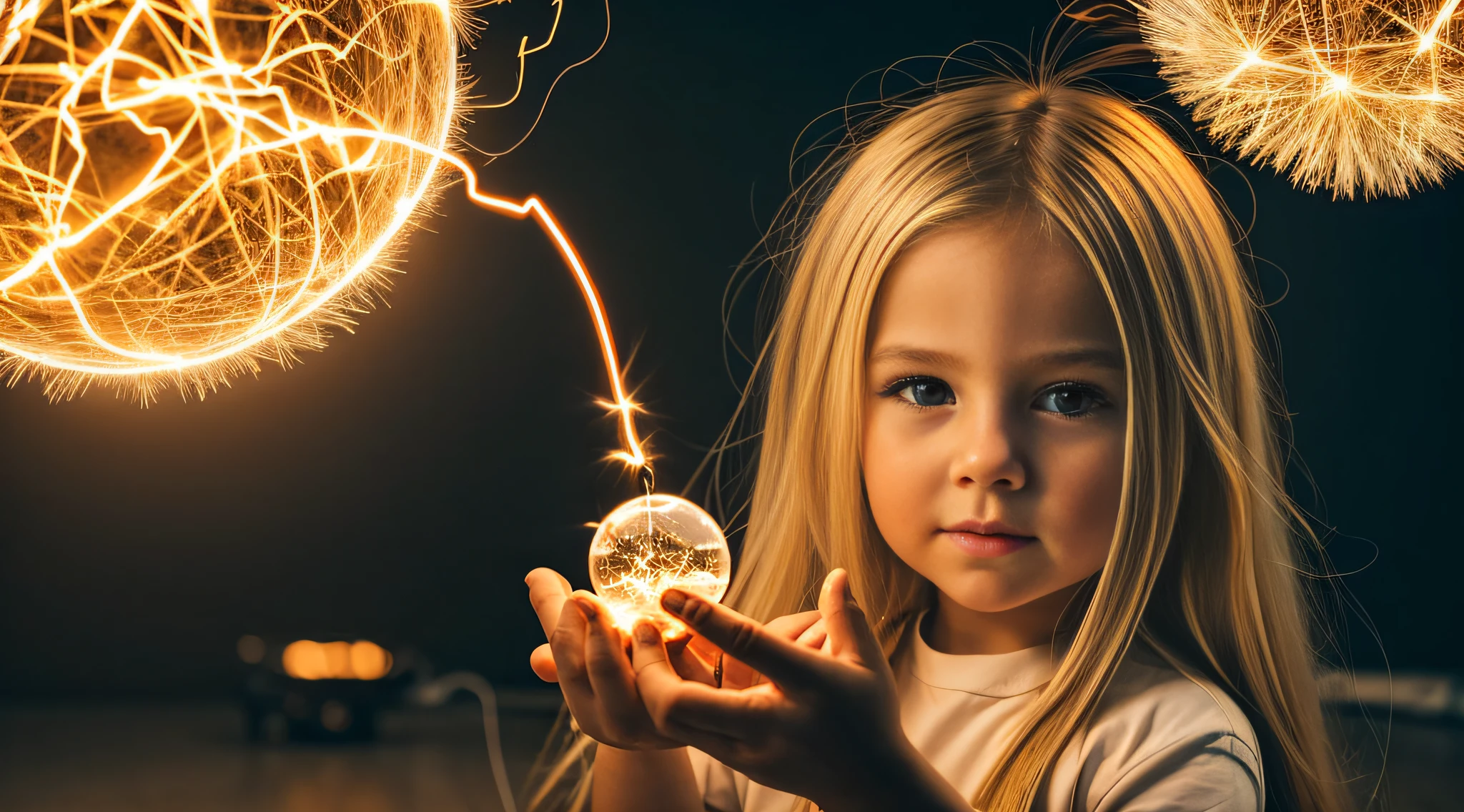 a close-up of a blonde  with long hair, BIG BALL OF electrified ICE IN HANDS. FUMO LARANJA.