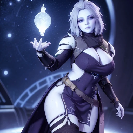 ((masterpiece)), (best quality), 8k, ultra-detailed, absurdress, 3d, mara sov, long face, stoic, destiny 2, space, colorful background, blue eyes, white skin, the reef, awoken, full body, large , standing up
