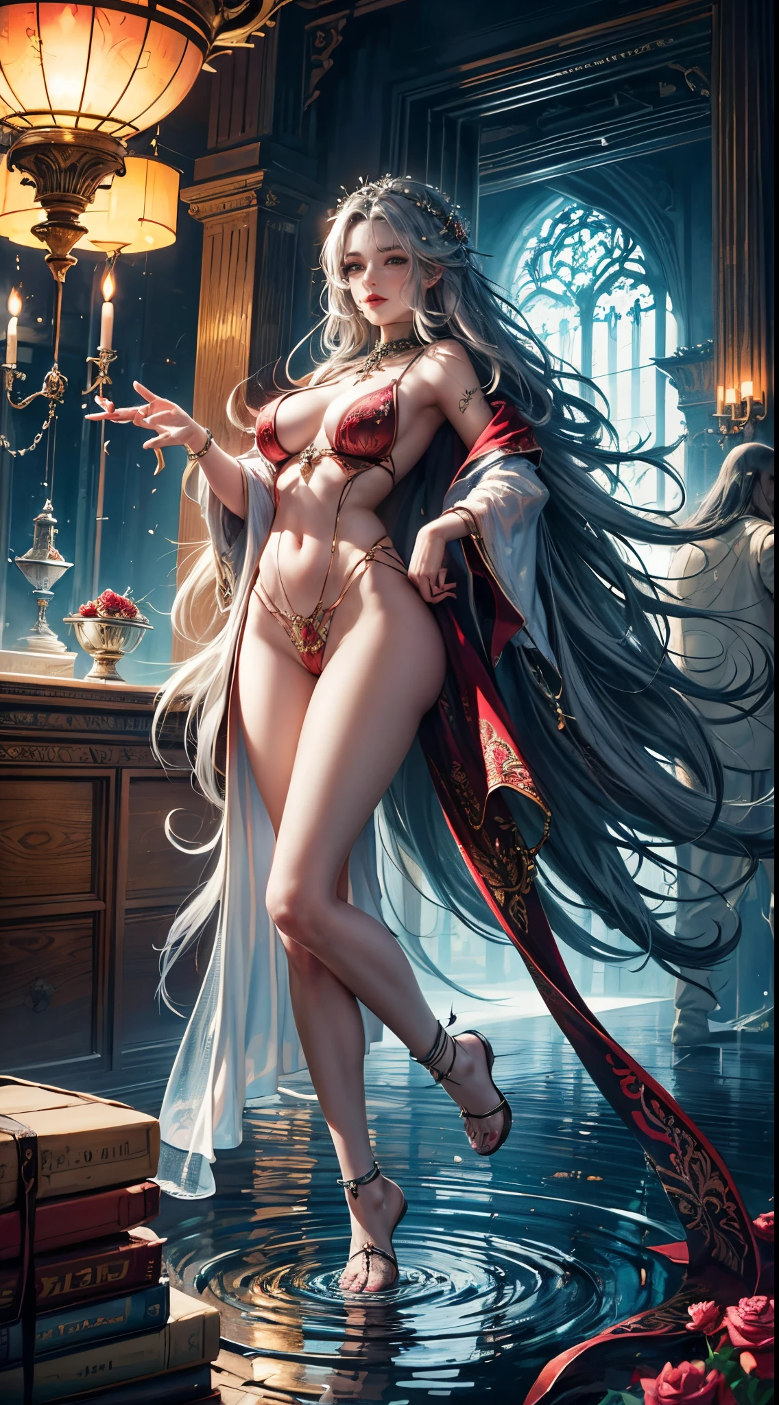 8k, (Female:1.5), Elegant and flexible (Athletic build:1.5), Emerald eyes (Vibrant:1.5), Brown hair (Affluent:1.5), Copper silk, Leaf-shaped decorations, UHD, HDR, Cinematic image , Intricate details, Ultra-realism, Dystopian palace, luxurious atmosphere, Ultra detailed, Stunning image, IMAX, cinematic, Award-winning photo, intricate, low aperture (F1.2), Dramatic lighting, Cinematic composition, professional, eroticism, embedded medieval castle on the mountain, night sky, full moon, dark storm clouds, lightning in the center, beautiful naked goddess, showing vagina, small breasts, sexy pose, sexy erotic body, full body, silver and gold bracelet, waterfall, lamp and lantern , cinematic lighting, photorealistic, 1 girl, 18 years old, (legs open), pink lips, bald pussy, well lit, beautiful and aesthetic: 1.2), (1 girl), extremely detailed, (fractal art: 1.3), colorful, more detailed, beautiful goddess, caucasian girl with shiny silver hair, full female body, wild waves, big waves, oriental mandala tattoos, transparent dresses, skin wet with water, stormy sky, red storm clouds, ancient temple floating in the sea , floating antique clock, lamp, lantern, beautiful girl with a slight smile, forest, flowers and roses, visible vagina, pink vagina, waterfall, tattoos of mandalas and flowers on the naked body, toes immersed in water, beautiful goddess looking at the pond water, front view, no panties, fantasy, world of The Lord of the Rings, magic, tattoos of mandalas and flowers on the naked body, front view, interior of the temple flooded with pond water, Greek column,