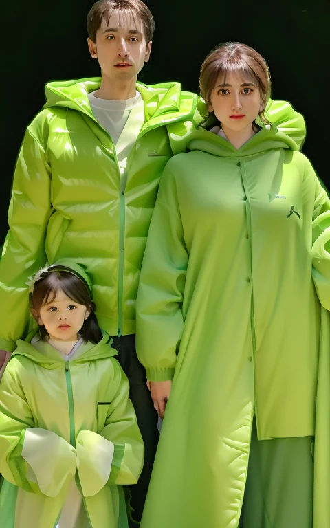 The Alafid family poses for photos wearing green clothes, green outfit, Leaf clothing, Green clothes, green leaf, casual green clothing, wearing green clothing, 2 0 2 0 fashion, lemon green, husband wife and son, Lin Meng style, photo shot, verde claro, Michelin man family portrait, verde claro, perfect android girl family, green colored bomber jacket