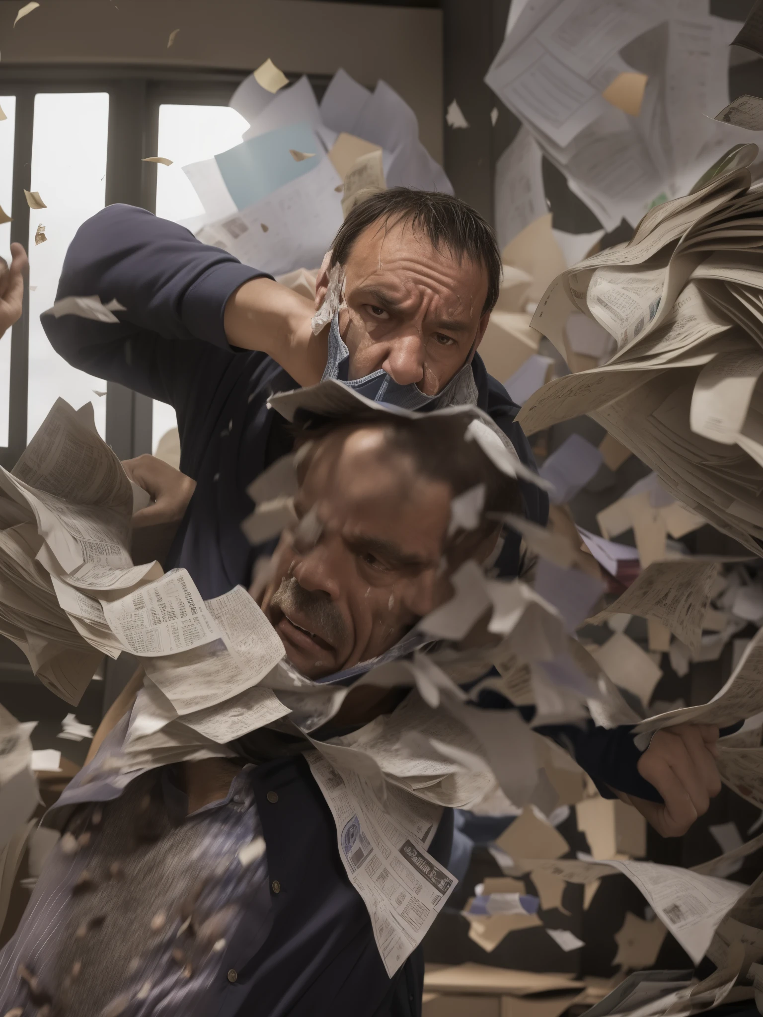 In the office, people were fighting in a ball, and waste papers were flying everywhere. In the middle, a middle-aged man covered his face in despair. It was realistic, real, and movie-level. --auto --s2