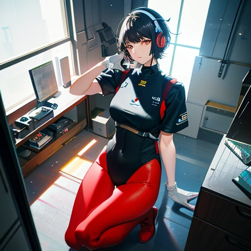 r_ap82_, (Overhead view) Full body shoot,ultra-detailed, illustration, close-up, straight on, 1girl, ((interface headset, red bodysuit:1.4, black hair, short hair)),Her eyes shone like dreamy stars,(glowing eyes:1.233),(beautiful and detailed eyes:1.1),(expressionless,closed mouth),(standing), (mechanic room with toolsand spaceship windowin a white SPACESHIP), (night:1.2),dreamy, [[delicate fingers and hands:0.55]::0.85],(detail fingers),