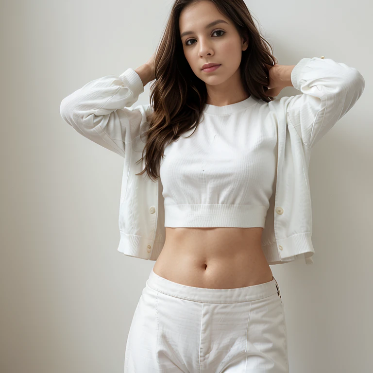 araffe woman in white pants and cropped top posing for a picture, an album cover inspired by Esaias Boursse, trending on cg society, happening, white trendy clothes, white pants, casual white garment, trendy white clothing, cropped wide sleeve, white clothing, white outfit, all white, wearing a cropped top, wearing white clothes, white bg