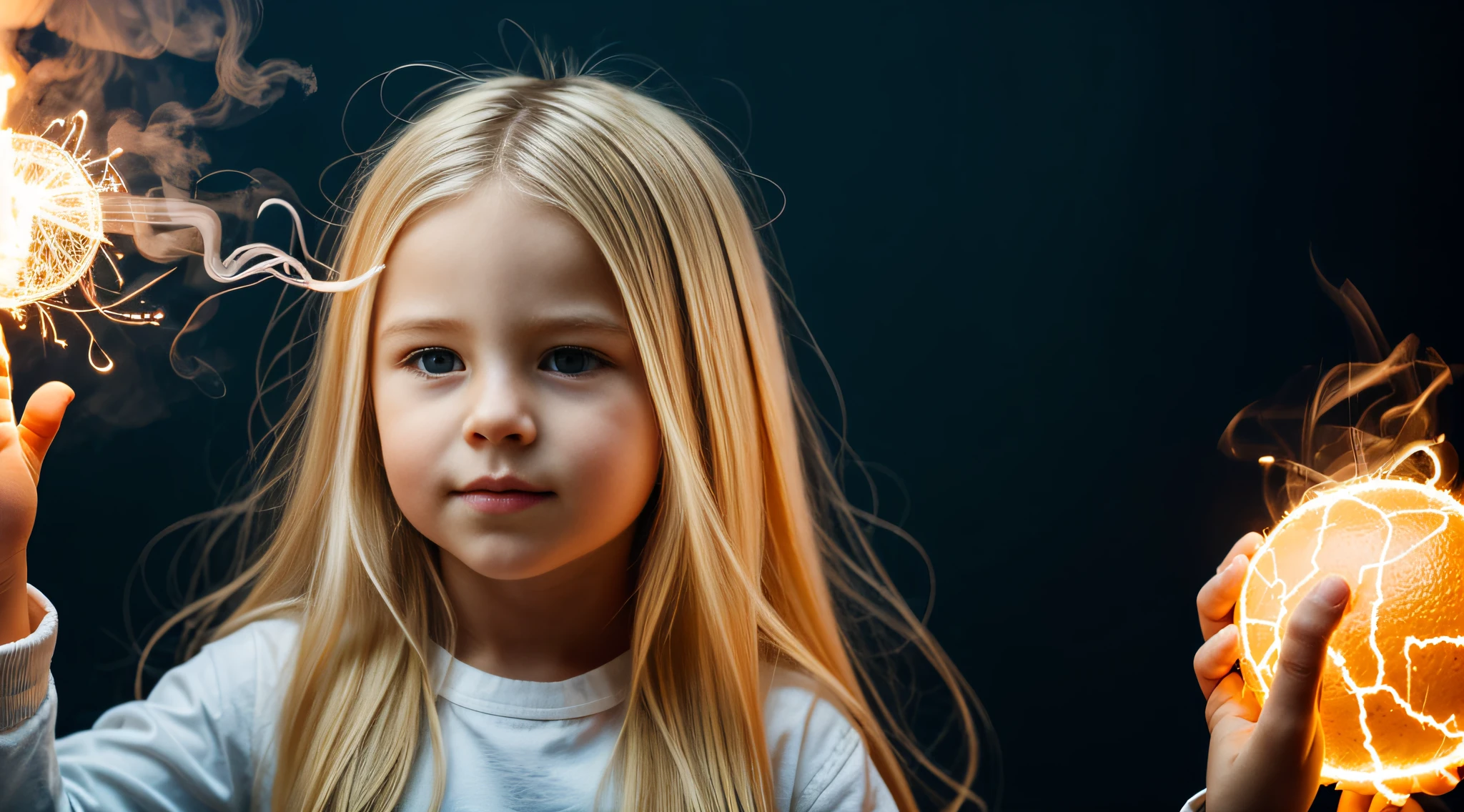a close-up of a blonde with long hair, BIG BALL OF electrified ICE IN HANDS. FUMO LARANJA.