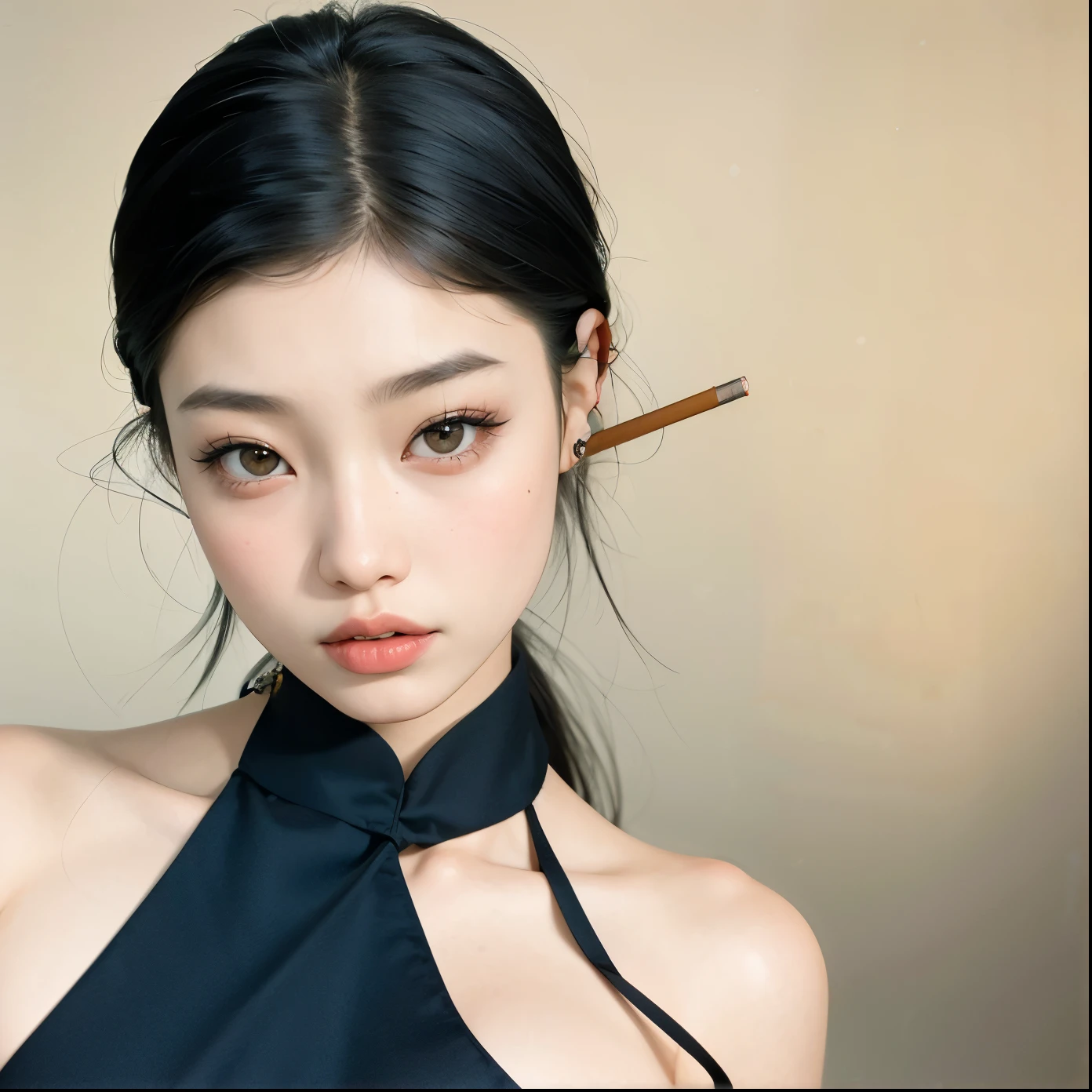 hay una mujer con un cigarrillo en la boca y un vestido negro, Chica coreana, asian features, Hermosa mujer surcoreana, maquillaje popular de Corea del Sur, beautiful asian girl, Hermosa joven coreana, Mujer coreana, maquillaje coreano popular, Diosa japonesa, Hermosa joven coreana, young cute wan asian face, cruel korean goth girl, Hermosa modelo china, japanese model, Asian girl