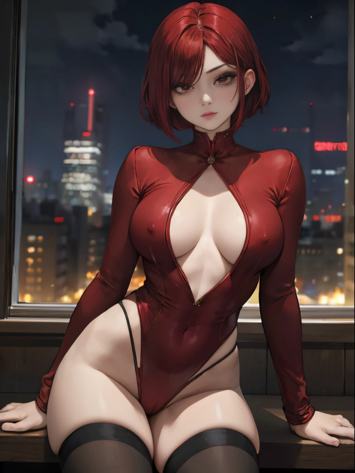 Slender woman、Super small breasts、Red hair short bob、super sexy black santa costume、slutty eyes looking at camera、Night view of the city、