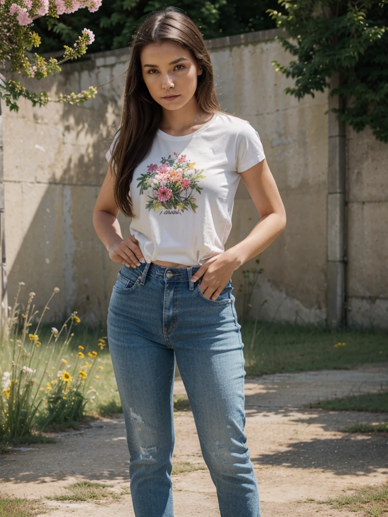 Young woman, solo, full body, hyperrealism, t-shirt and jeans, trending on artstation, sunny day, flowering field, hands on hips