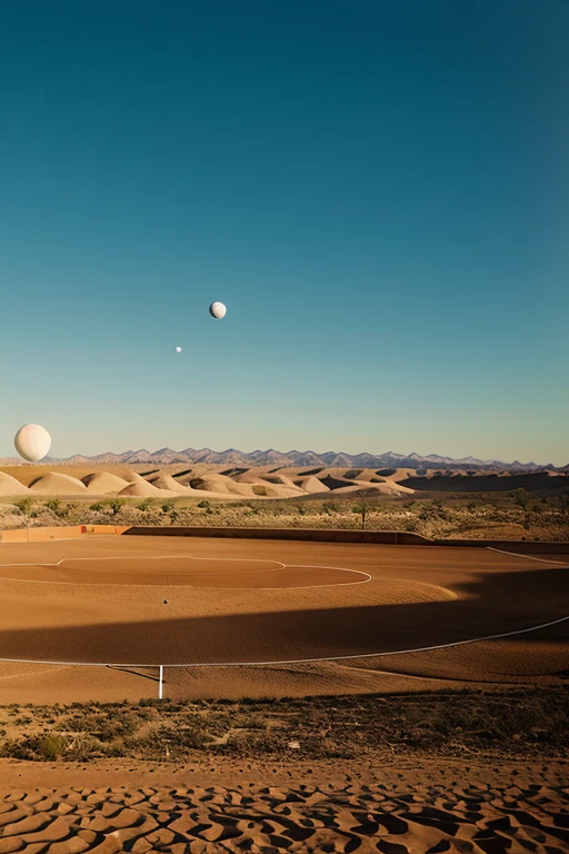 a photo realistic soccer field on the desert. soccer field surrounded water. with 2 moons in the background, digital art