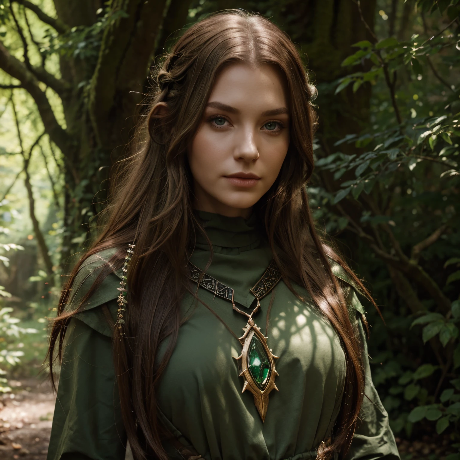 Zeichnung, DnD Character, Elfe, rote Haare, green eyes, lange Haare, blasse Haut, Wald, druide