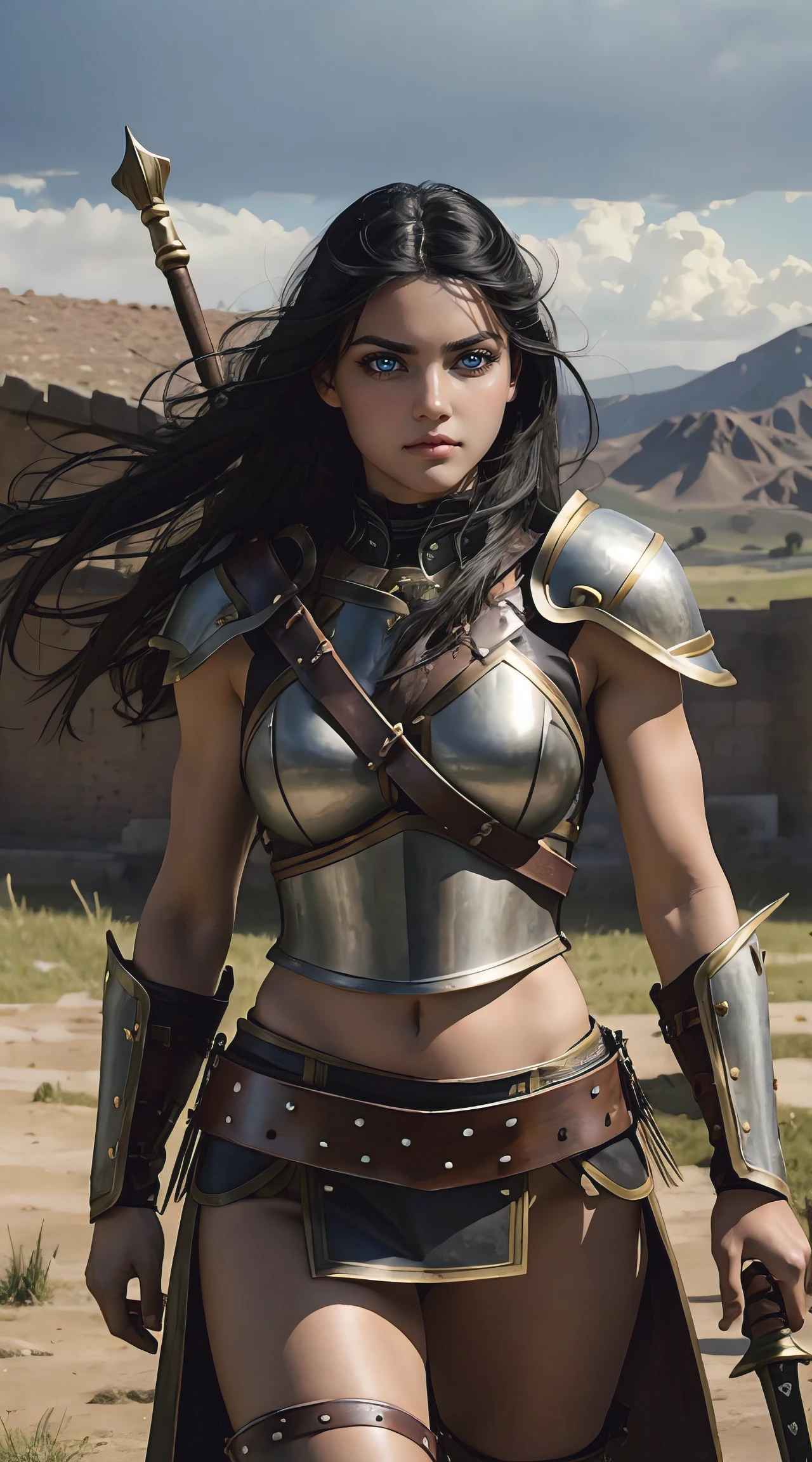 (masterpiece, high quality, best quality), beautiful, hd, realistic, perfect lighting, detailed face, detailed body, 1 girl, solo, black hair, green eyes, long black hair, brown and worn leather clothing gladiator style: 1.4), leather breastplate, 1 wooden spear in hands, war battle background, gladiator style, fit woman, robust, angry look
