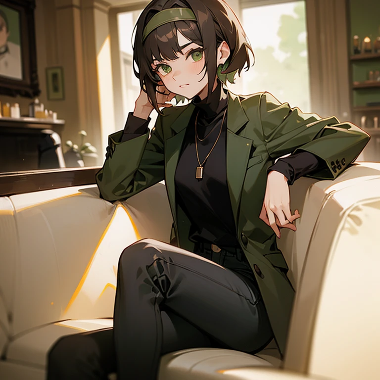 young woman, lesbian, 18 years old, short brown hair, green eyes, wearing a black turtleneck, an olive green blazer, black jeans, with a simple necklace, and having a headband in her hair, sitting in a cafe