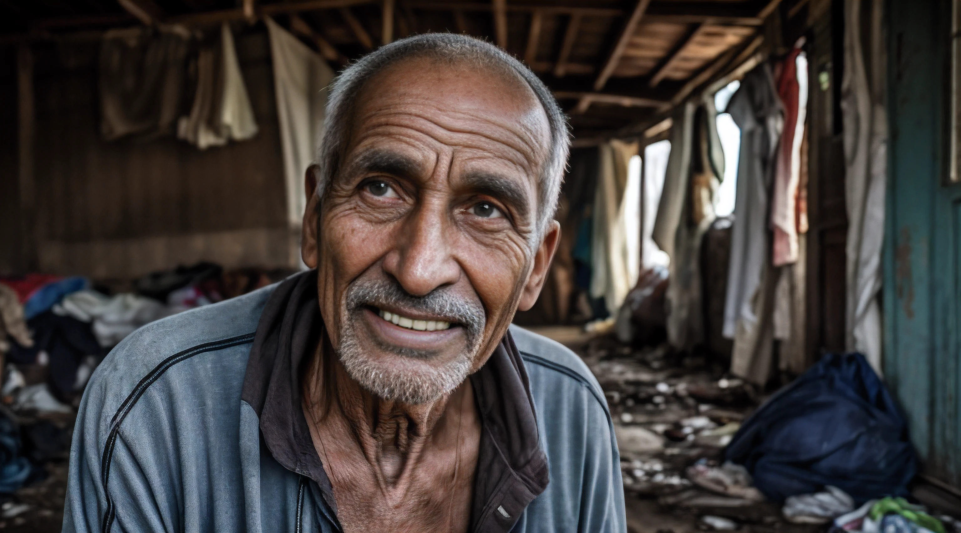 «»A thought-provoking photorealistic image of a homeless German man, Usar ropa rasgada y sucia, con la cara magullada e hinchada, sentado en su casa desordenada y en ruinas, Sin embargo, smiling despite his extreme poverty«», Cinematographer, Condiciones de vida empobrecidas, Artistic inspiration from the documentary photography of Sebastião Salgado, camera: DSLR de fotograma completo, tiro: primer plano, High-resolution 4K rendering for realistic detail. The man&#39;s tear-stained cheeks and bruised, swollen face reveal the physical hardships he endures... Su ropa hecha jirones y descuidada ilustra la dura realidad de sus condiciones de vida.. A pesar de la adversidad, La sonrisa del hombre refleja resiliencia y esperanza. The messy environment reflects the challenges you face daily. La lente utilizada es una lente de 35 mm, capturar las emociones del hombre y la autenticidad de sus condiciones de vida. The lighting is dim, with natural light filtering through the cracks in the walls, Adding to the emotional atmosphere. The image aims to evoke empathy and portray the strength of the human spirit in the face of extreme poverty.. Este mensaje se centra en el fotorrealismo, inspired by the powerful and emotional documentary photography of Sebastião Salgado.