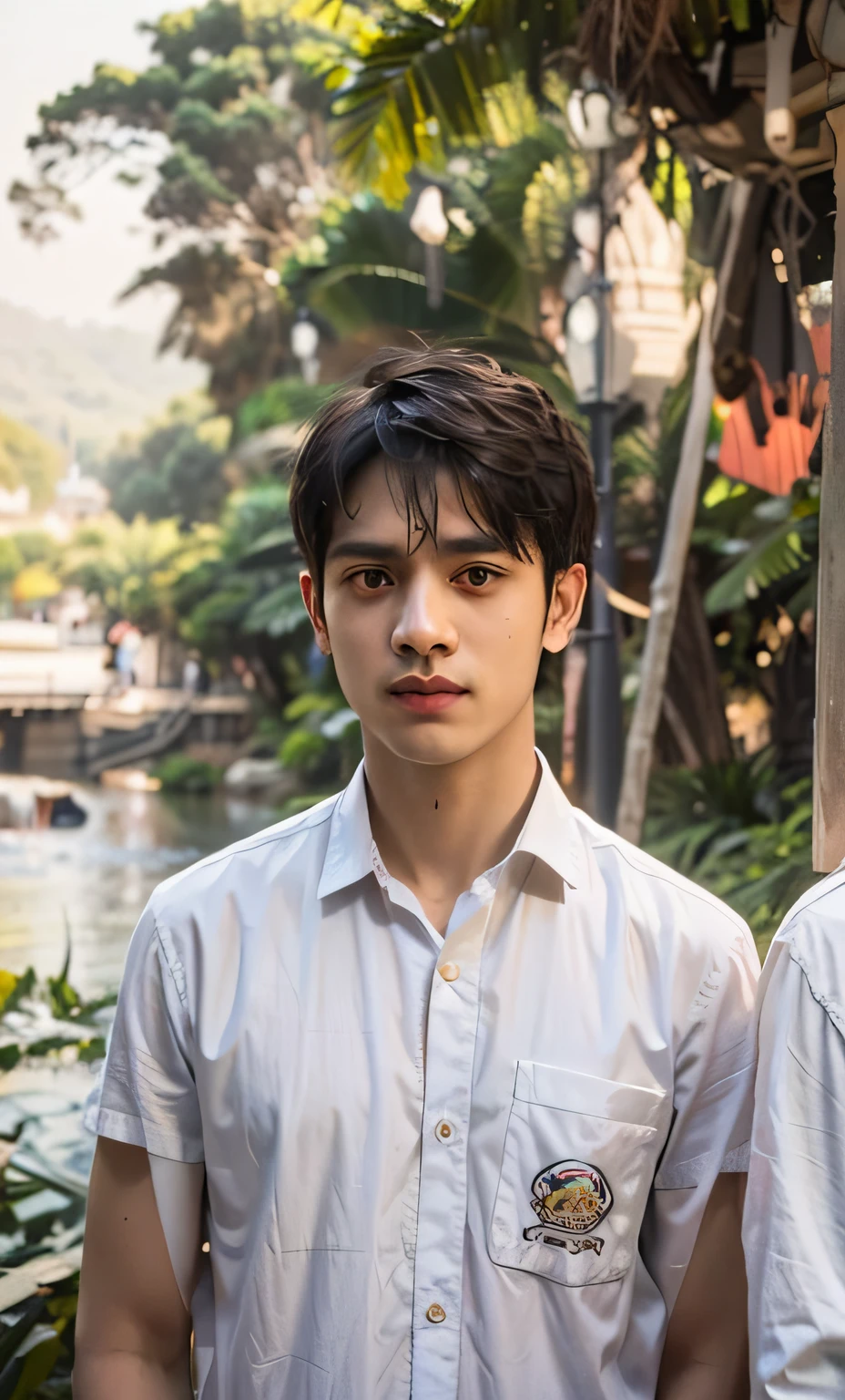 two young men standing next to each other in front of a lake, riyahd cassiem, in front of a forest background, student, jayison devadas, nivanh chanthara, portait image, facebook post, portait photo profile picture, front profile!!!!, mohamed chahin, portrait mode photo, very clear picture, ayan nag