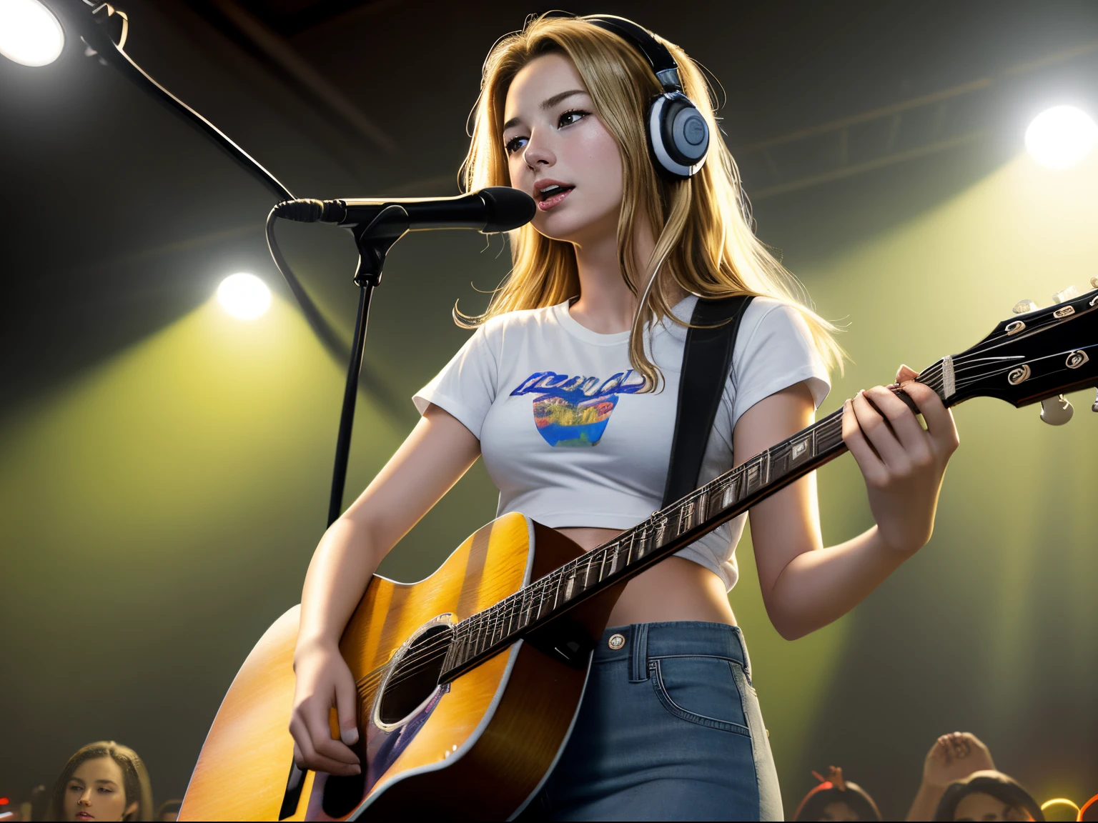 top quality 32k raw photo of 18-year-old Emily VanCamp wearing white T shirt and jeans skirt and headphone. navel look. she is on the disco stage playing guitar. colorful lights,