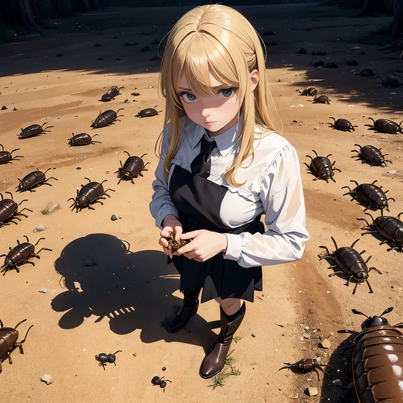 Pile of small cockroaches、standing on mountain、Beautiful blonde girl fighting、The remains of a large amount of cockroaches、Dirty Black Rubber Riding Boots、looking-down、Arrogant appearance、A large amount of small cockroaches on the ground、Cockroach debris and yellowed liquid、Attack cockroaches、Cruel appearance