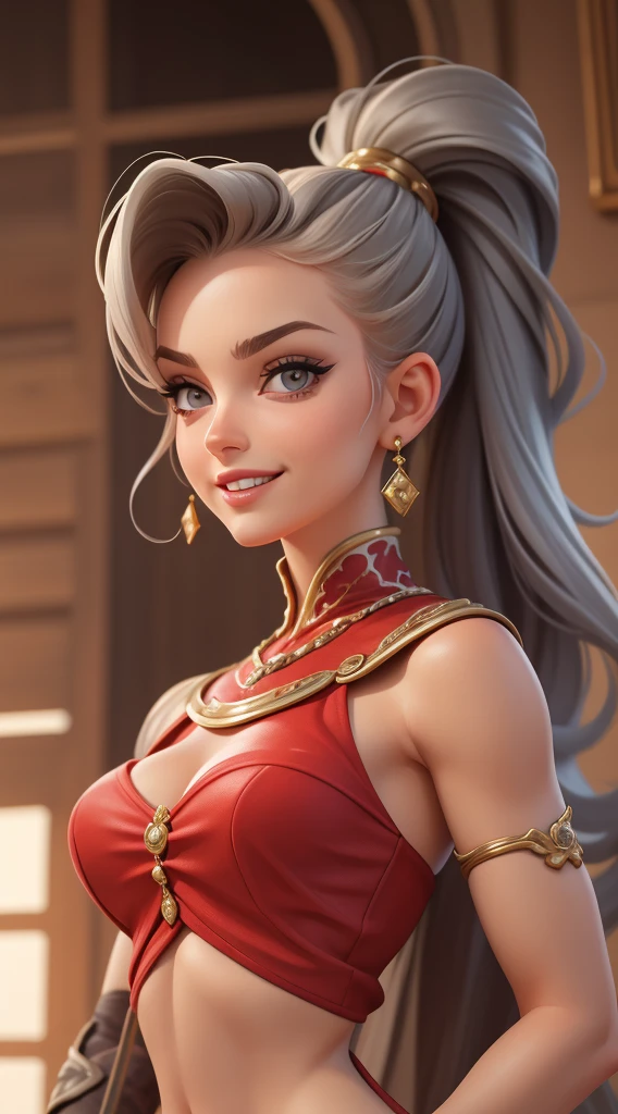 Adult woman, cabelos pretos longos, rabo de cavalo alto, olhos vermelhos, quimono vermelho, barriga aberta, seios enormes, coxas abertas, sorriso, master part, Hiqualidade