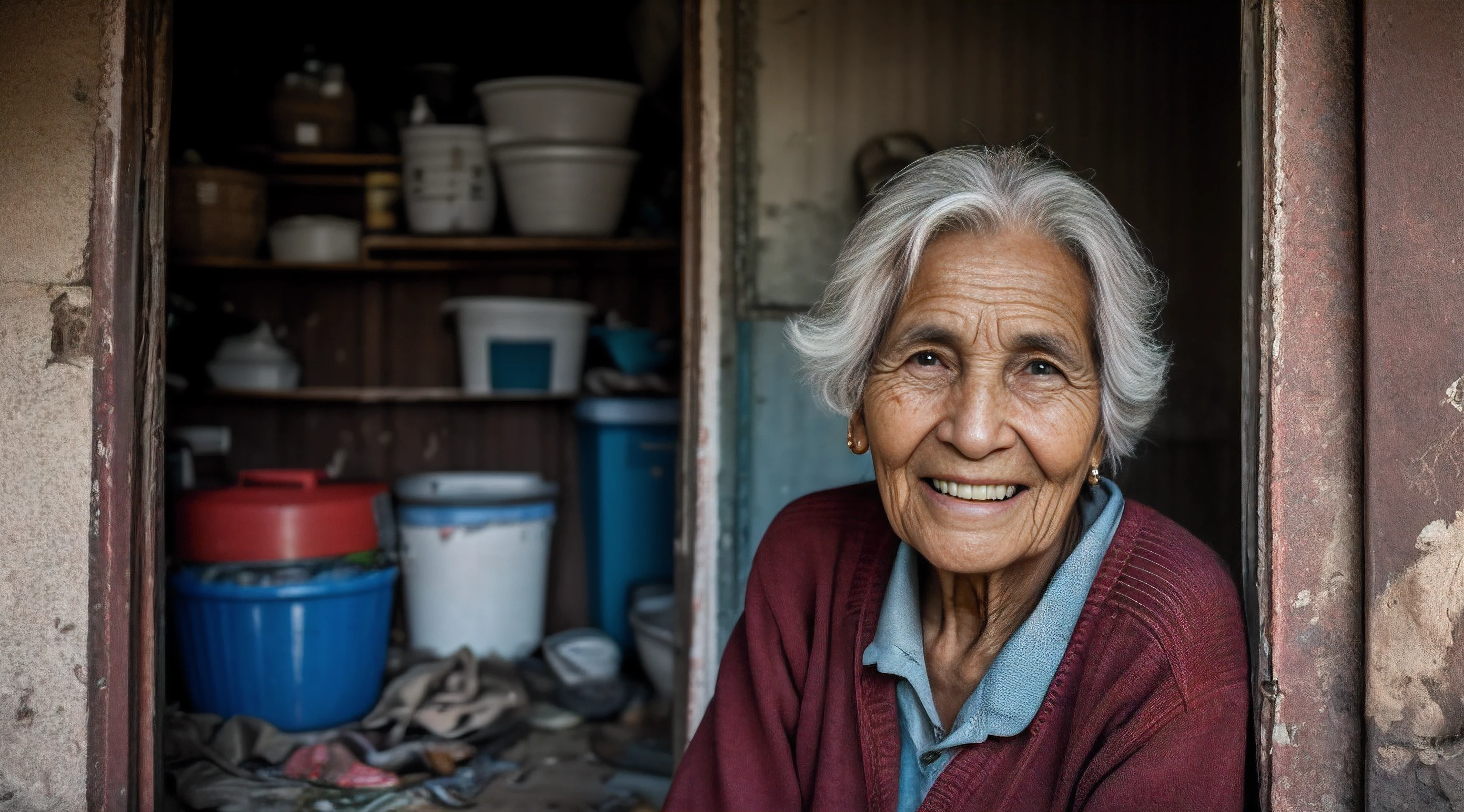 «»A moving photorealistic image of an elderly woman in extreme poverty, sentada en su casa sucia y desordenada, smiling despite the difficult circumstances«», Cinematographer, Condiciones de vida empobrecidas, Artistic inspiration from the documentary photography of Sebastião Salgado, camera: DSLR de fotograma completo, tiro: primer plano, High-resolution 4K rendering for realistic detail. The elderly woman's warm smile and twinkling eyes show resilience and inner strength in the midst of her challenging living conditions... Su modesta y descuidada casa ilustra la dura realidad de la pobreza.. A pesar de la adversidad, His smile reflects a sense of satisfaction and joy found in small moments of happiness... La lente utilizada es una lente de 35 mm, capturar las emociones de la mujer y la autenticidad de sus condiciones de vida. The lighting is dim, with natural light filtering through the cracks in the walls, adding a touch of warmth to the scene. The image aims to celebrate the human spirit's ability to find happiness and positivity even in the face of extreme hardship... Este mensaje se centra en el fotorrealismo, inspired by the powerful and empathetic documentary photography of Sebastião Salgado.