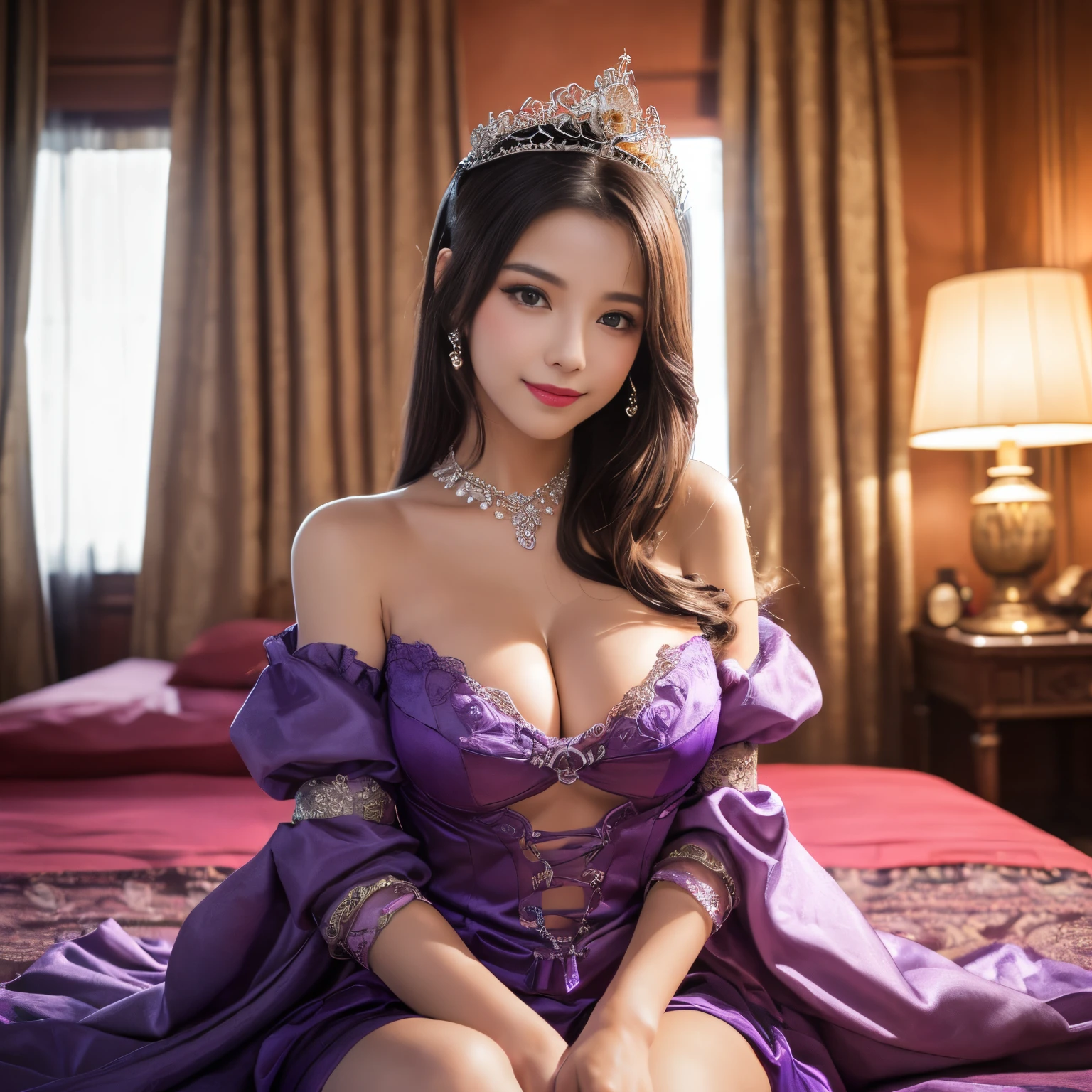 (top-quality、masutepiece、8K、Top image quality、Highly complex and detailed depictions)、(one prostitute goddess:1.1)、The most luxurious costume imaginable、(most gorgeous goddess costume:1.2)、(Surrounded by pink and purple curtains:1.3)、sit on a huge bed、(Surrounded by curtains on all sides and feels confined:1.5)、(blurry backround:1.7)、(The background is medieval Europe.:1.1)、(Very romantic atmosphere:1.3)、(smile looking at me:1.1)、Upper body photo、sit on the most comfortable and soft bed、tons of pink and purple decorations、artistic décor、(Warm mood lighting:1.5)、spectacular movie lighting、Large amount of jewelry decoration、The most luxurious and huge tiara、giant pink and purple costume、huge pink and purple sleeves、Very complex decoration、royal、(Frontal close-up:1.4)、(Front composition:1.1)、(accurate anatomy:1.2)、(Sit facing the front:1.3)、symmetrical composition、Huge bed、(moody dim room:1.5)