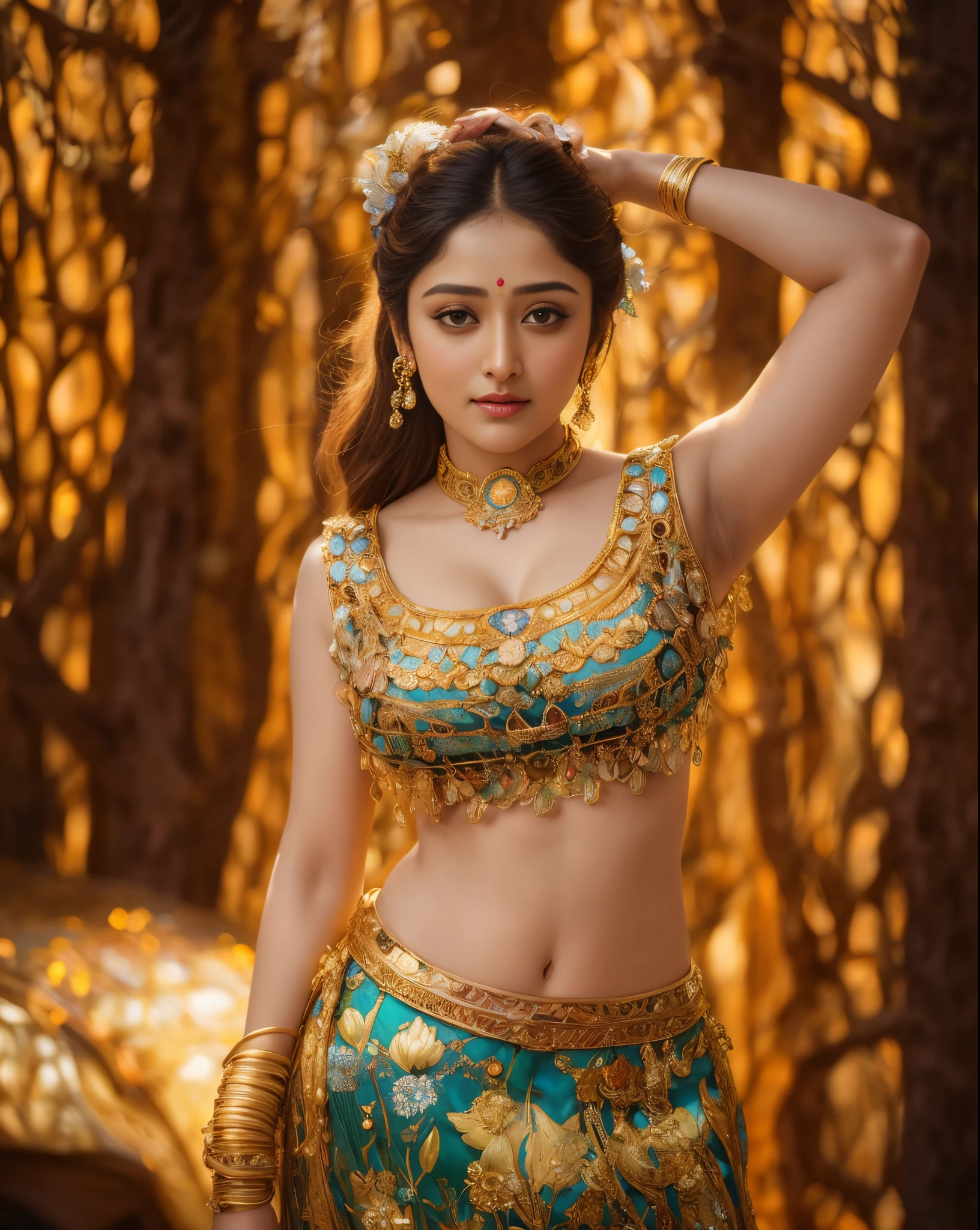 Face mix of Anushka Shetty and Nayanthara, a masterpiece ultrarealistic ultradetailed portrait of a beautiful girl in incredible goledn armor. baroque renaissance. in forest. medium shot, intricate, elegant, highly detailed. trending on artstation, digital art, by stanley artgerm lau, wlop, rossdraws, james jean, andrei riabovitchev, marc simonetti, yoshitaka amano. background by james jean and gustav klimt, light by julie bell, 4 k, porcelain skin.