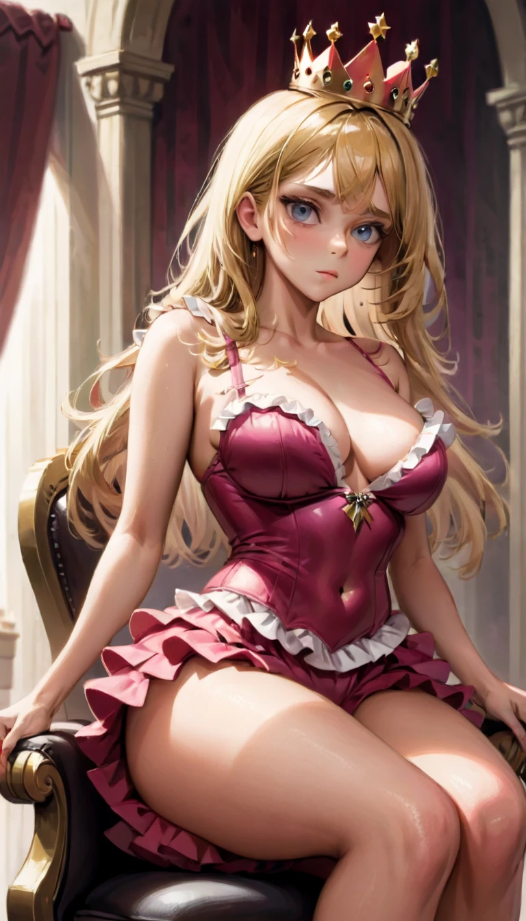 (masterpiece, best quality), 1 girl, perfect body, big breasts, perfect eyes, ruffled lingerie, sitting pose, simple throne, crown, royal throne room with elaborate details, natural lighting