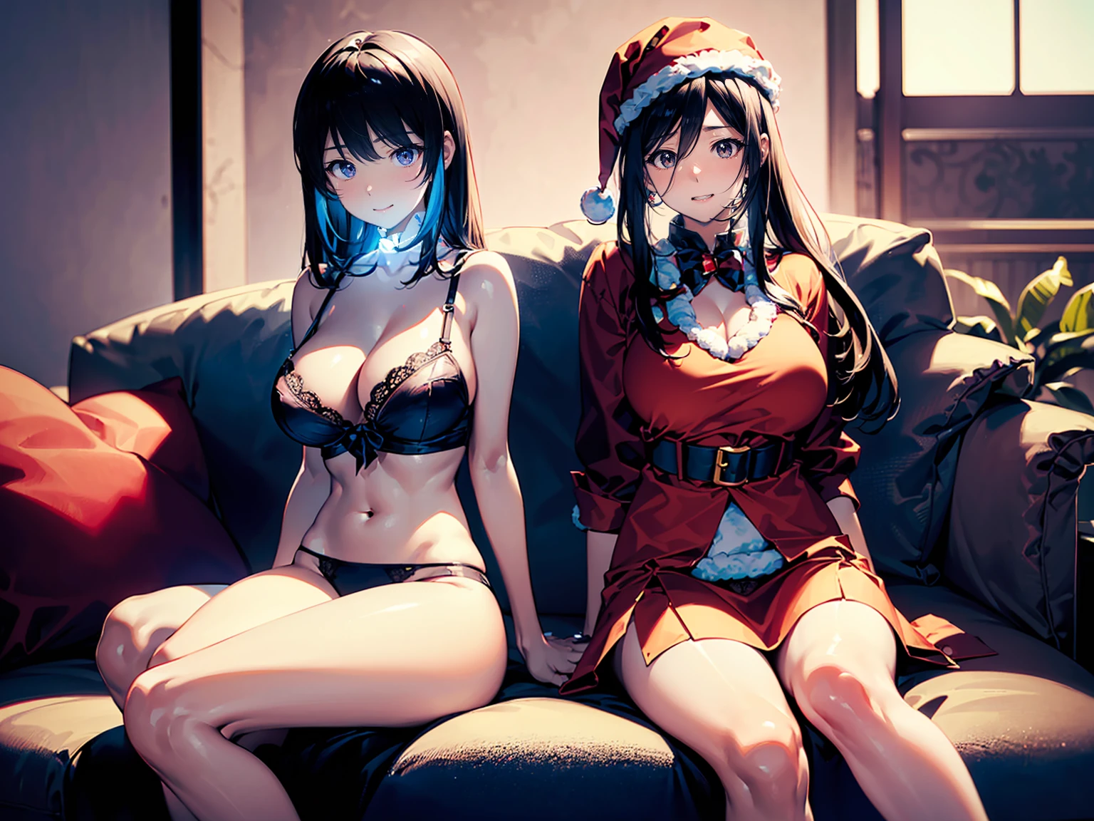 (top-quality,High resolution,(Ultra high definition,4K), (超A high resolution,in 8K),masutepiece:1.2), (Perfect Anatomy,Anatomically accurate), (Angle from below), (Soft lighting, 光线追踪), (((Sitting on a sofa in the lobby of a luxury hotel, legs wide open))), (Two cute high school girls), High-definition beauty face, (santa claus), Cute panties, ((Cosplay costumes)), (Crisp double eyelids), (fascinated expression),(Large breasts:1.3),(Soft skin), (Photorealistic), (Glowing skin), (colourful hair)