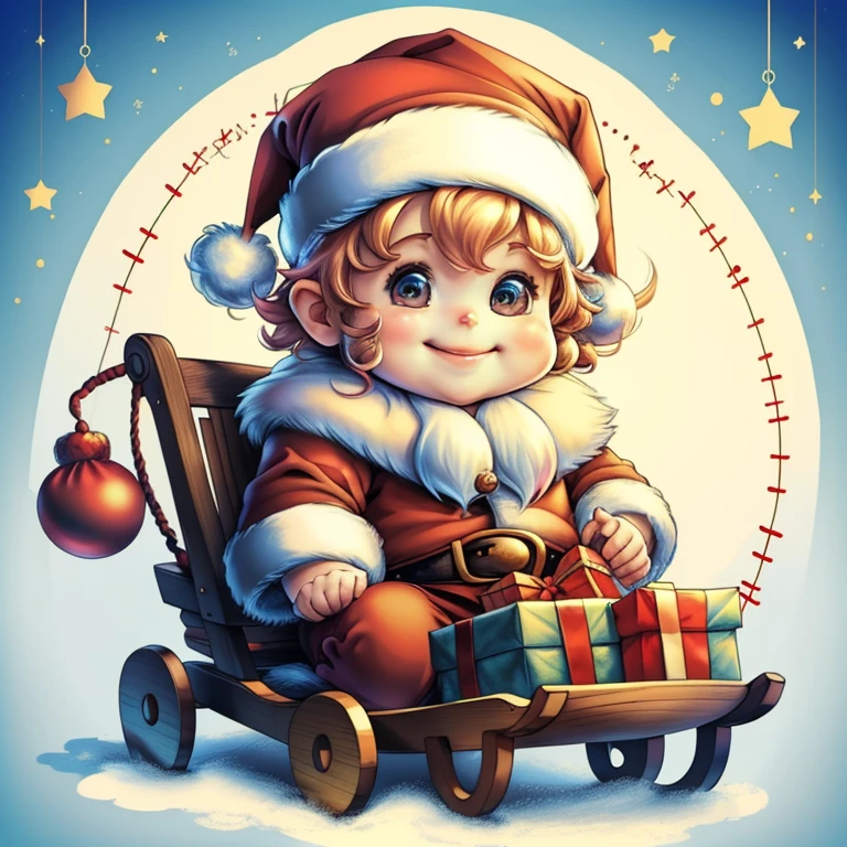 (cute baby santa claus smiling with presents and sled), Munchkin ,Geometric multidimensional wall portrait, livro de arte, Tchibi,
Yang08k, Beautiful, Colouring,
Obras, of the highest quality, best quality, Arte Oficial, Beautiful and Aesthetic,