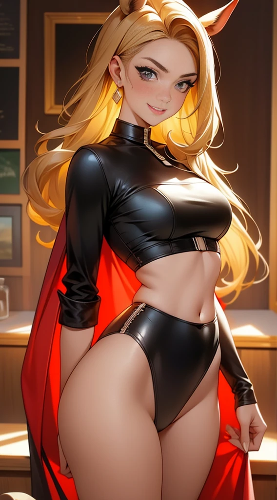 Adult woman, cabelos pretos longos, rabo de cavalo alto, olhos vermelhos, quimono vermelho, barriga aberta, seios enormes, coxas abertas, sorriso, master part, Hiqualidade