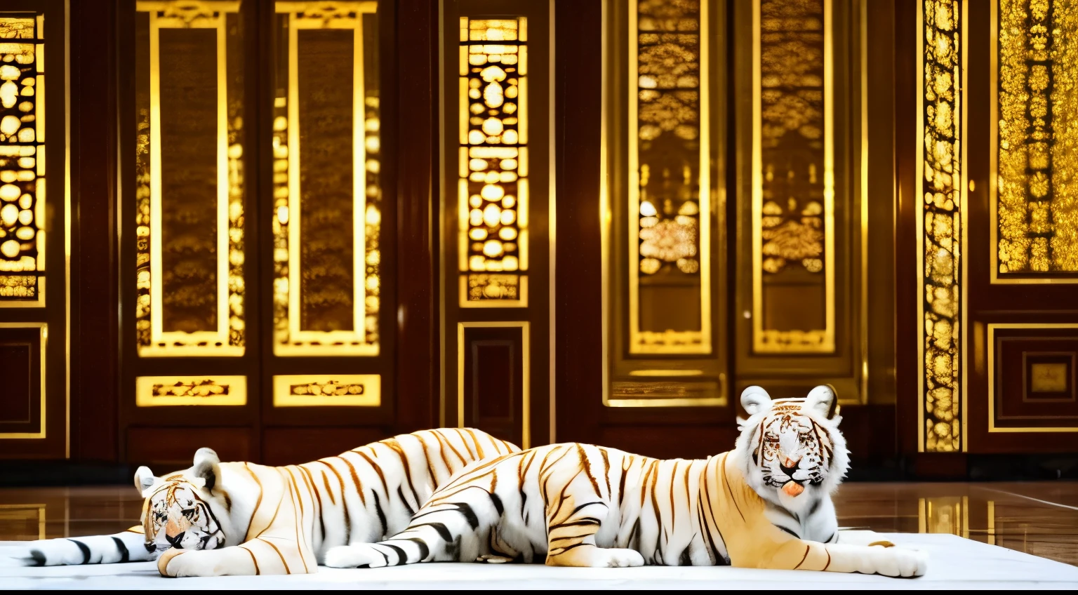 You see a very elegant golden palace, very elegant palace with golden details, inside the palace there are two white tigers lying down looking towards the camera.