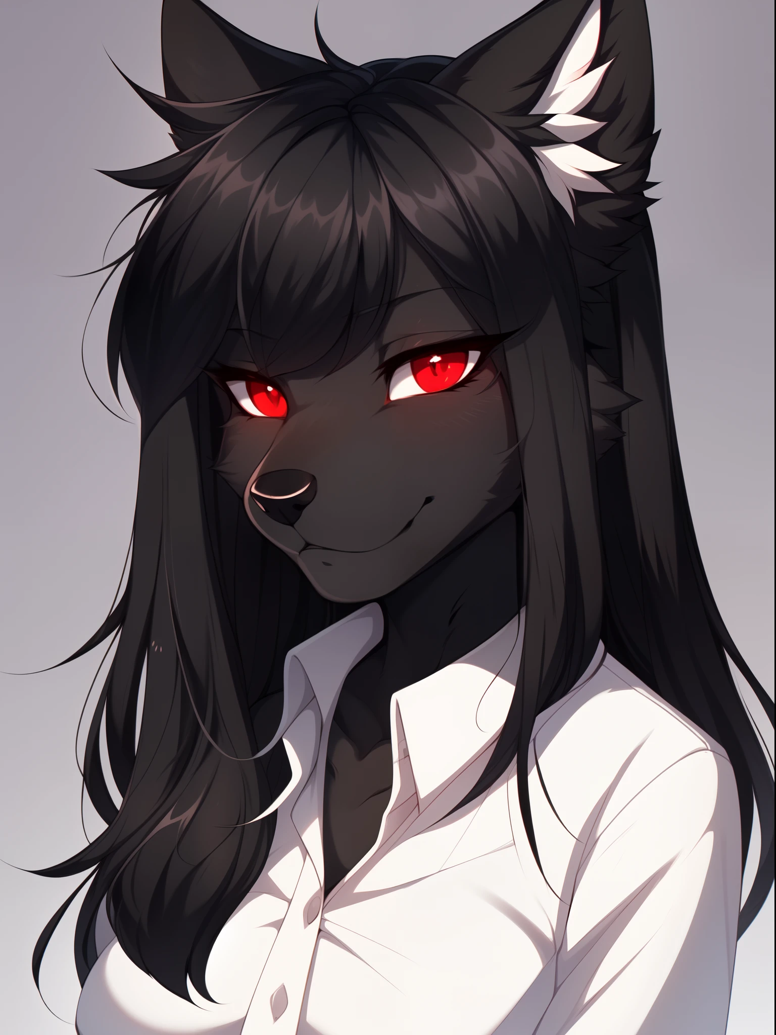 Solo, all dark grey wolf, red eyes, black ears,  ear fluff, snout, black nose, long black hair, straight bangs, tall, slender, medium breasts, furry body, wearing white collared shirt, by fumiko, by hyattlen, by hioshiru, close up, portrait, detailed eyes