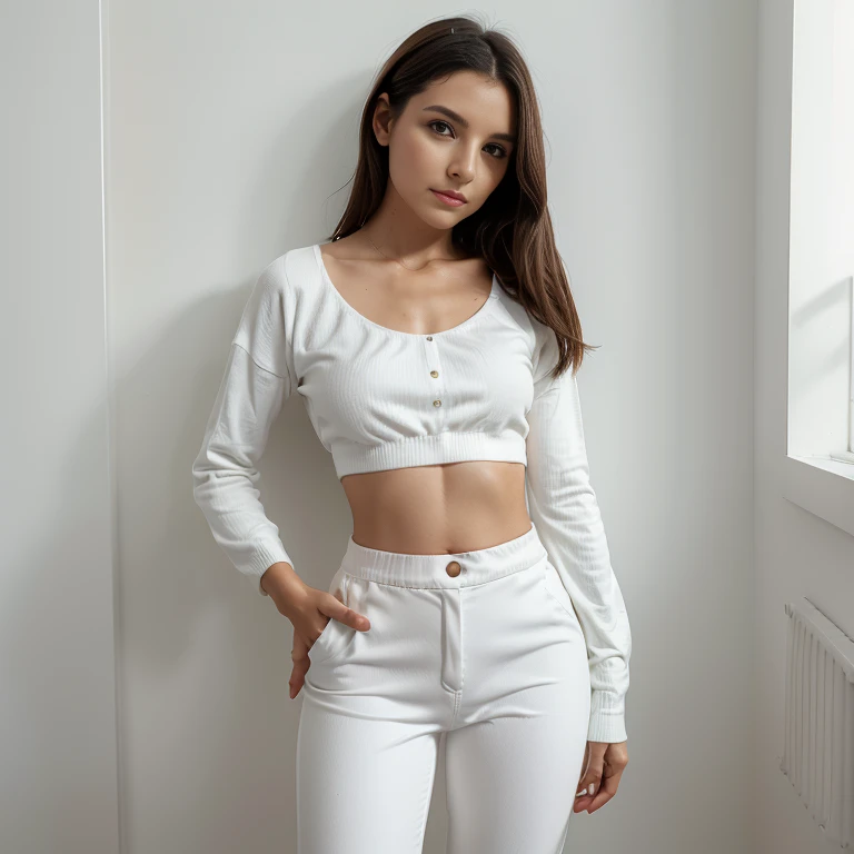 araffe woman in white soft pants and cropped top posing for a picture, an album cover inspired by Esaias Boursse, trending on cg society, happening, white trendy clothes, white pants, casual white garment, trendy white clothing, cropped wide sleeve, white clothing, white outfit, all white, wearing a cropped top, wearing white clothes, white bg, smirk, beautiful girl