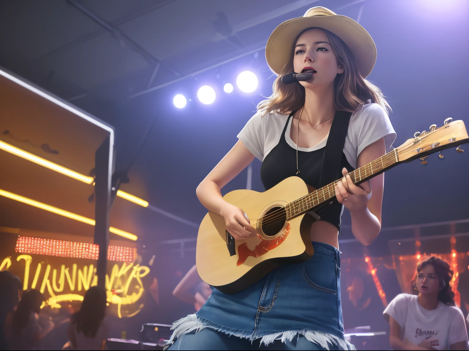 top quality 32k raw photo of 18-year-old Emily VanCamp wearing white T shirt and jeans skirt and headphone. navel look. she is on the disco stage playing guitar. colorful lights,