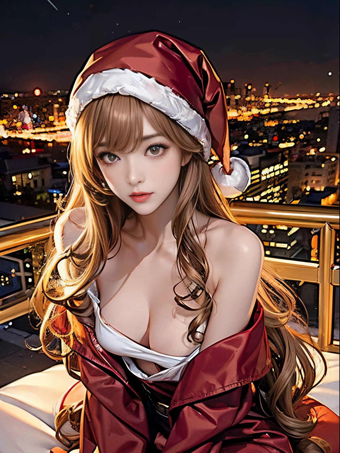 Slender woman、Super small breasts、long curly hair of golden color、super sexy red santa costume、slutty eyes looking at camera、Night view of the city、