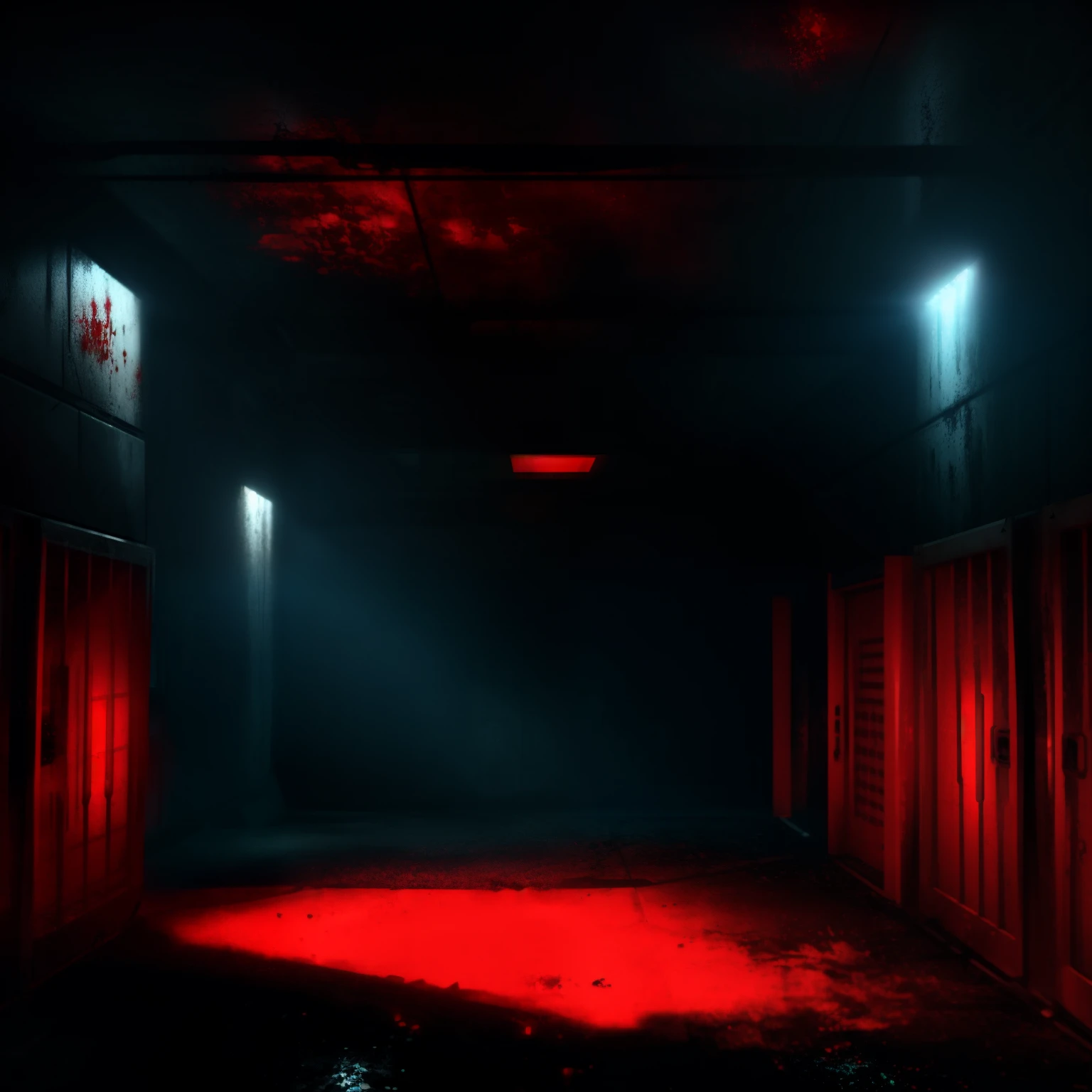 a dimly lit hallway with graffiti and red lights in a building, red and cinematic lighting, hellish doom hallway, spooky creepy liminal space, dark abandoned hallway at night, cyberpunk streets in japan, dark hallway, dramatic red scary lighting, unsettling creepy liminal space, dark hallways, cinematic red lighting, uncanny creepy liminal space, in dark corridor, ray traicing