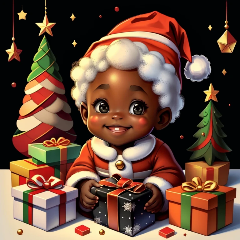 (cute black baby santa claus smiling with presents and christmas tree), Munchkin ,Geometric multidimensional wall portrait, livro de arte, Tchibi,
Yang08k, Beautiful, Colouring,
Obras, of the highest quality, best quality, Arte Oficial, Beautiful and Aesthetic,