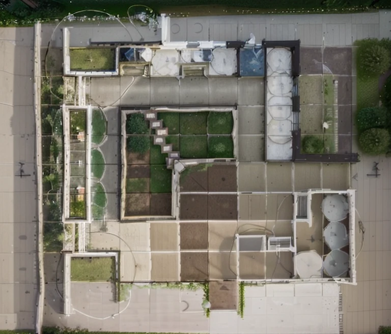 site plan of a suburban home and backyard, natural light, high quality, afternoon, plant beds, roof, stairs, pool