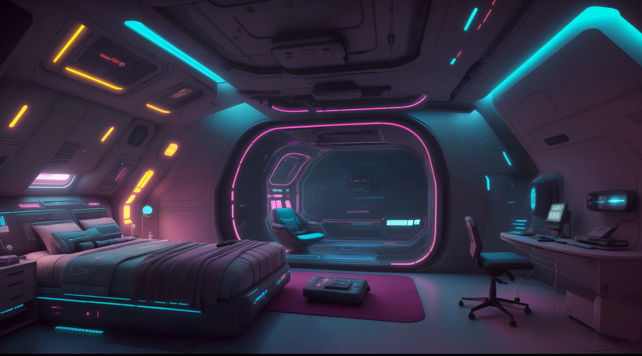 Arafed bedroom with a bed and a desk with a laptop, Dormitorio adolescente cyberpunk, Dormitorio infantil cyberpunk, scifi room, Dormitorio cyberpunk por la noche, futuristic room, Surreal sci-fi scenography, in a cyberpunk themed room, 3 D render beeple, Sci - Aire interior, Estilo de arte futurista, en una nave espacial futurista, en estilo de beeple, Futuristic setting