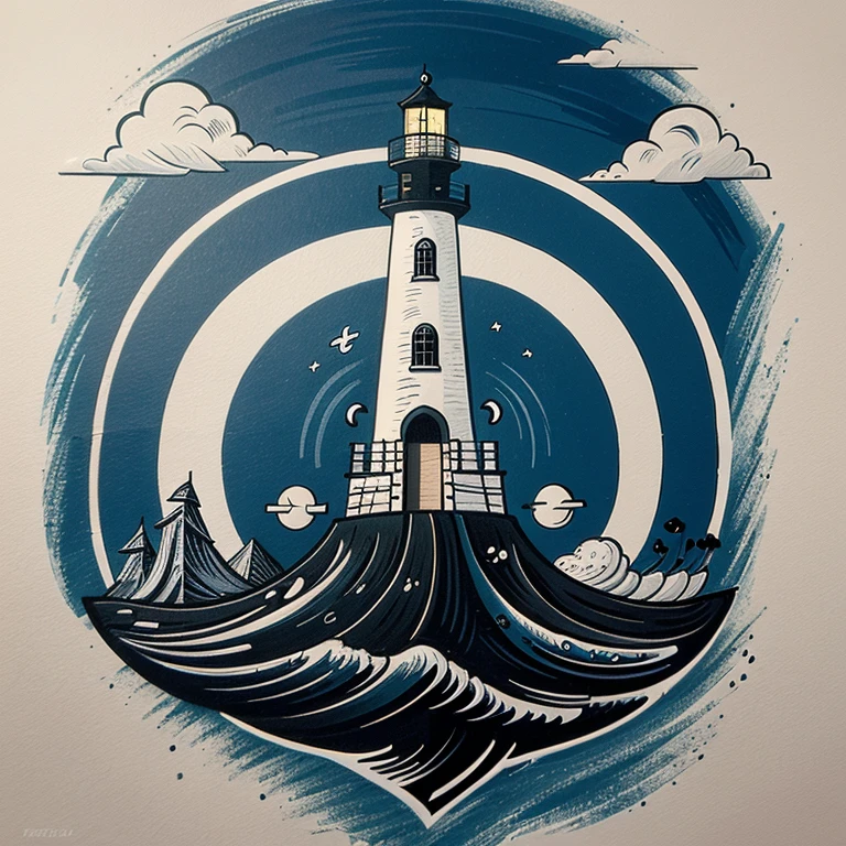 "Generate a vector illustration in cartoon style, em preto e branco, of a lighthouse by the sea, sem realismo. Incorporate Iemanjá symbols, elementos da Umbanda e o distintivo dos marinheiros. Highlight contours and adornments to create a stylized and captivating representation, without losing the hand-drawn character. Focus on simplicity and expressiveness in the composition, highlighting the lighthouse and symbolic elements in a non-realistic way."