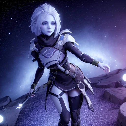 ((masterpiece)), (best quality), 8k, ultra-detailed, absurdress, 3d, mara sov, long face, stoic, destiny 2, space, colorful background, blue eyes, white skin, the reef, awoken, full body, standing up