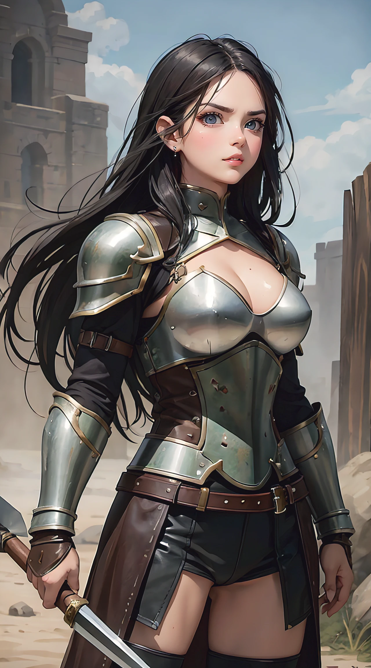 (masterpiece, high quality, best quality), beautiful, hd, realistic, perfect lighting, detailed face, detailed body, 1 girl, solo, black hair, green eyes, long black hair, brown and worn leather clothing gladiator style: 1.4), leather breastplate, 1 wooden spear in hands, war battle background, gladiator style, fit woman, robust, angry look