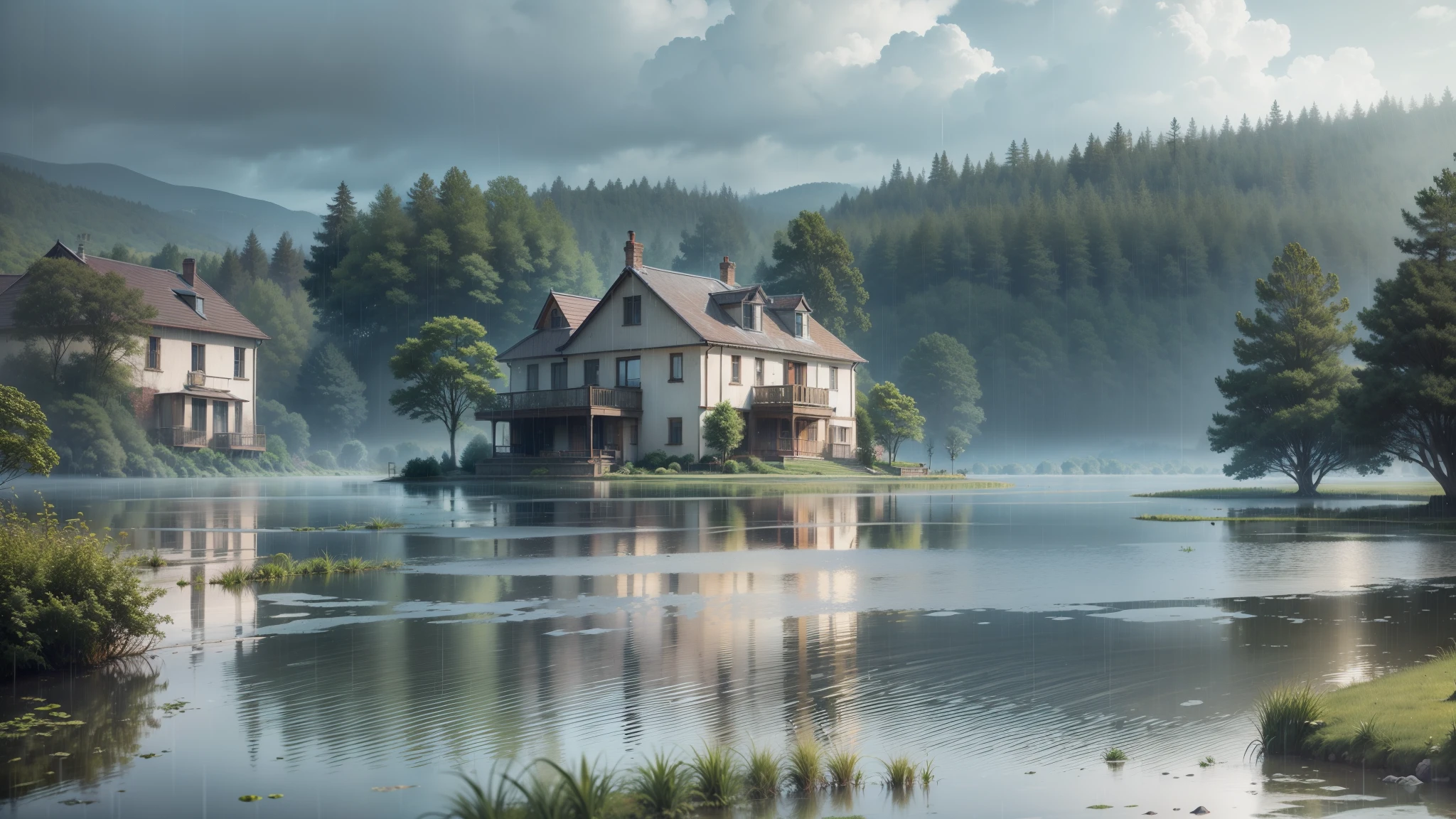 country house with a large lake, rain falling, water running down the roof of the house, --auto --s2