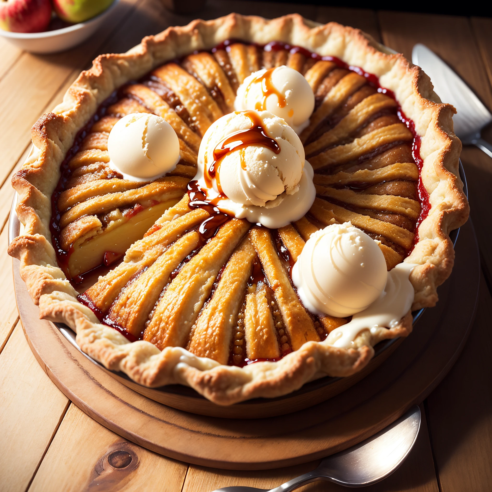 «»A photorealistic image showing a delicious slice of classic American apple pie. The cake should be presented on a rustic wooden dessert plate, with a scoop of creamy vanilla ice cream melting on the side. The golden brown crust should have a flaky, buttery texture., mientras que el relleno de manzana debe ser tierno y lleno de sabor. El pastel se puede adornar con una pizca de canela y un chorrito de salsa de caramelo para mayor indulgencia.. The lighting should enhance the warm, inviting colors of the cake and the creamy vanilla ice cream.. The type of camera shot can be a close-up to capture the delicious details of the slice.. A 50mm camera lens can be used for a natural and balanced view. The resolution must be 4K to capture the fine details of the Apple Pie and its ingredients.. The image should evoke a feeling of nostalgia and comfort., celebrando el amado postre americano, Tarta de manzana. (((Photorealistic image of a slice of classic American apple pie))), (((Presented on a rustic wooden dessert plate))), (((Scoop of creamy vanilla ice cream melting next to you))), (((flaky, buttery golden brown crust))), (((Relleno de manzana tierno y sabroso))), (((adornado con una pizca de canela y un chorrito de salsa de caramelo))), (((Improved warm and cozy colors))), (((Composing foreground drawings))), (((50mm camera lens))), (((4k-resolution))), (((celebration of the beloved American dessert, Tarta de manzana))).»»