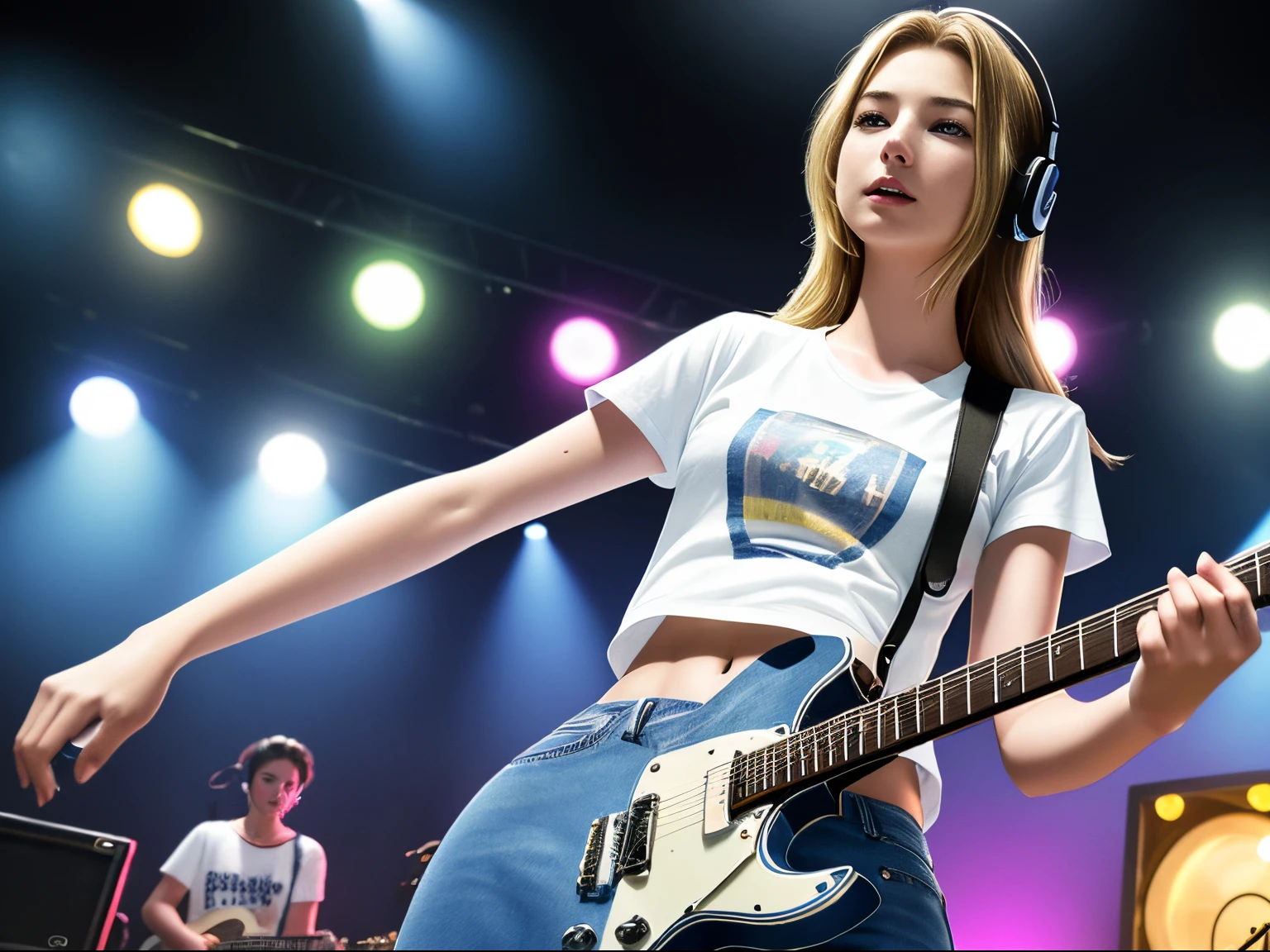 top quality 32k raw photo of 18-year-old Emily VanCamp wearing white T shirt and jeans skirt and headphone. navel look. she is on the disco stage playing guitar. colorful lights,