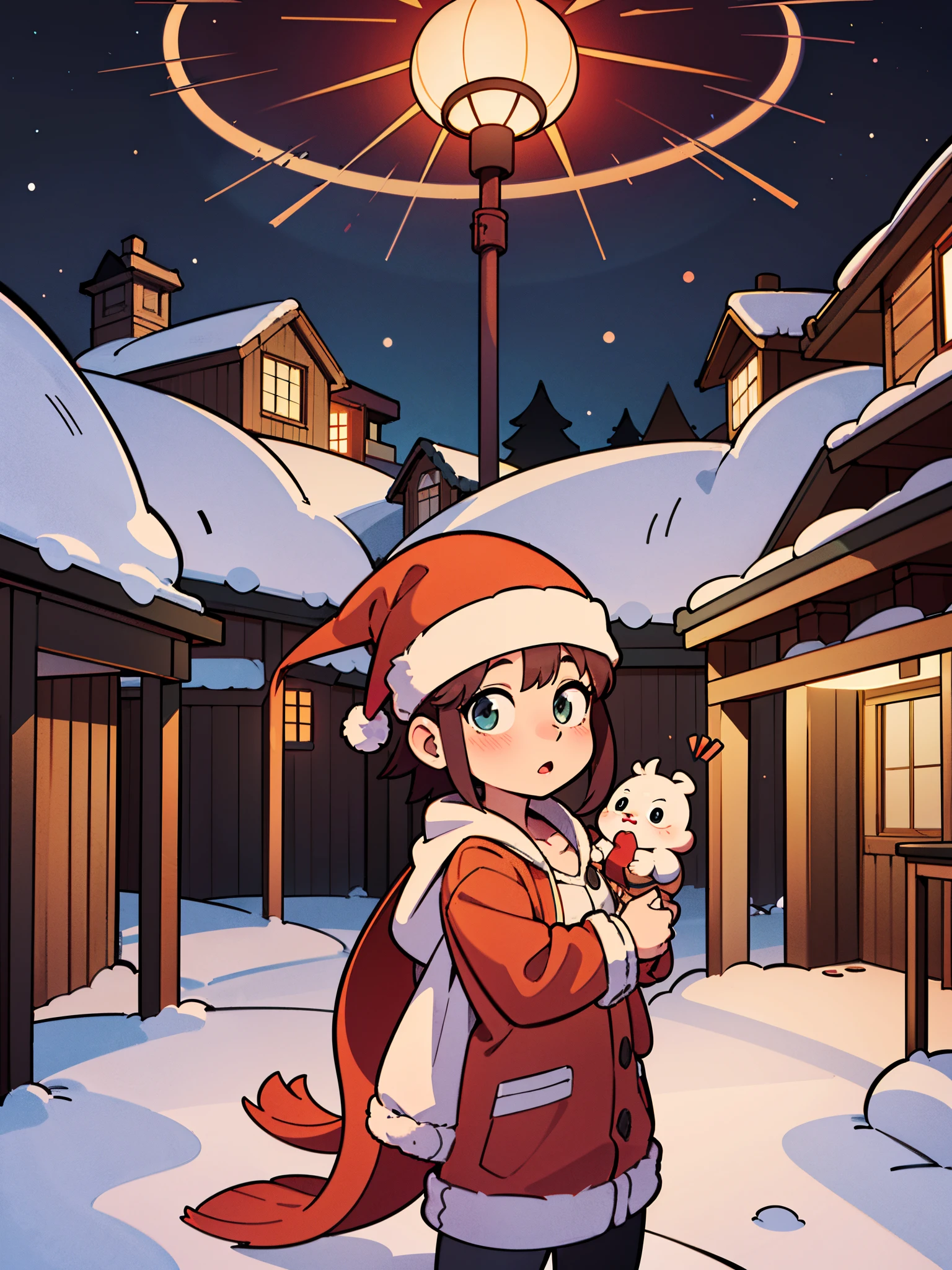 anime - illustration de style d&#39;une fille dans un manteau rouge et un chapeau de Père Noël tenant une pancarte, par Kanbun Master, Fanart officiel, Gagnant du concours pixiv, pixiv, par Kamagurka, par Shingei, inspiré par Goro Fujita, Anime Yuru Camp, Art officiel, Nuit de Noël, Style artistique mignon, Style pixiv, Fanart