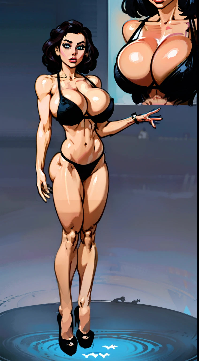 ((Elizabeth)), full body pose, (side view:1.1), dynamic image, perfect anatomy, black and blue bikini, perfect composition, detailed face, Bioshock infinite, Female in middle of image, reference sheet, concept character, character design, sketch,doodletits,, y lips, (gigantic bre1), skindentation, breasts, o illustration, illustration, detailed face, beautiful intricate eyes, curvy milf, 1:2), closetitsnipples, hourglasist, slendered ans, wide hips,