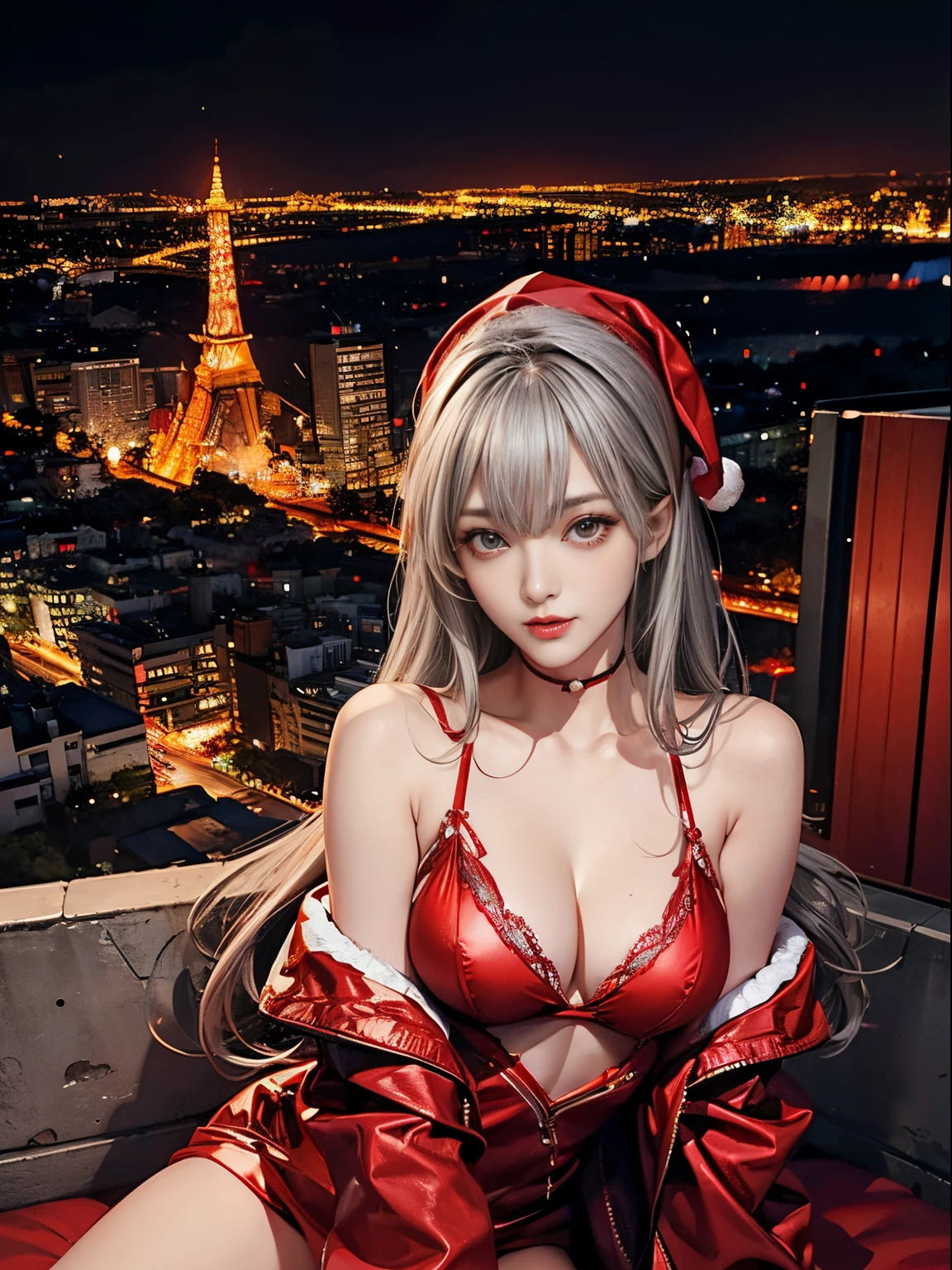 Slender woman、Super small breasts、long curly silver hair、super sexy red santa costume、slutty eyes looking at camera、Night view of the city、