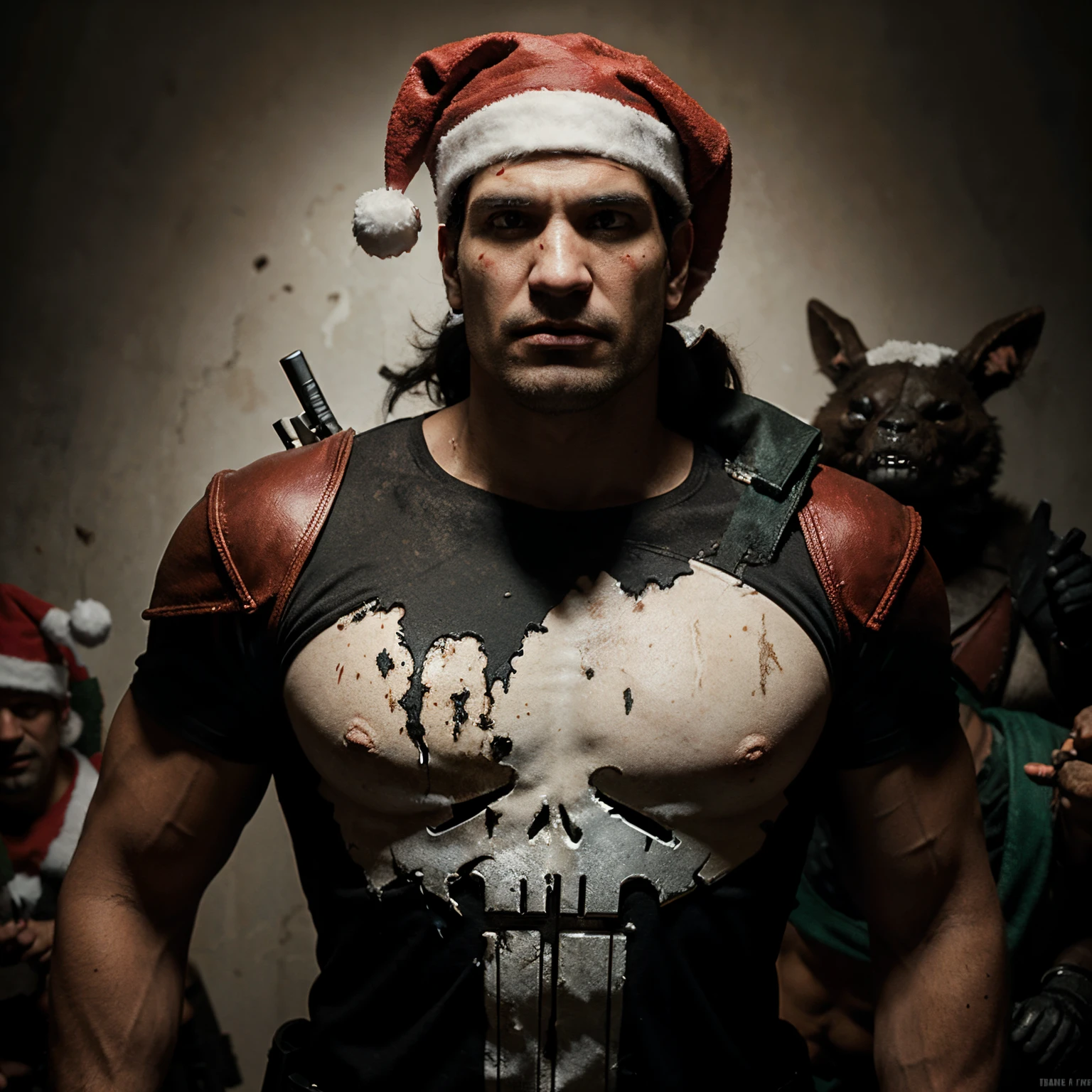 The Punisher wearing a Santa’s Hat with Magic the Gathering Creatures all around